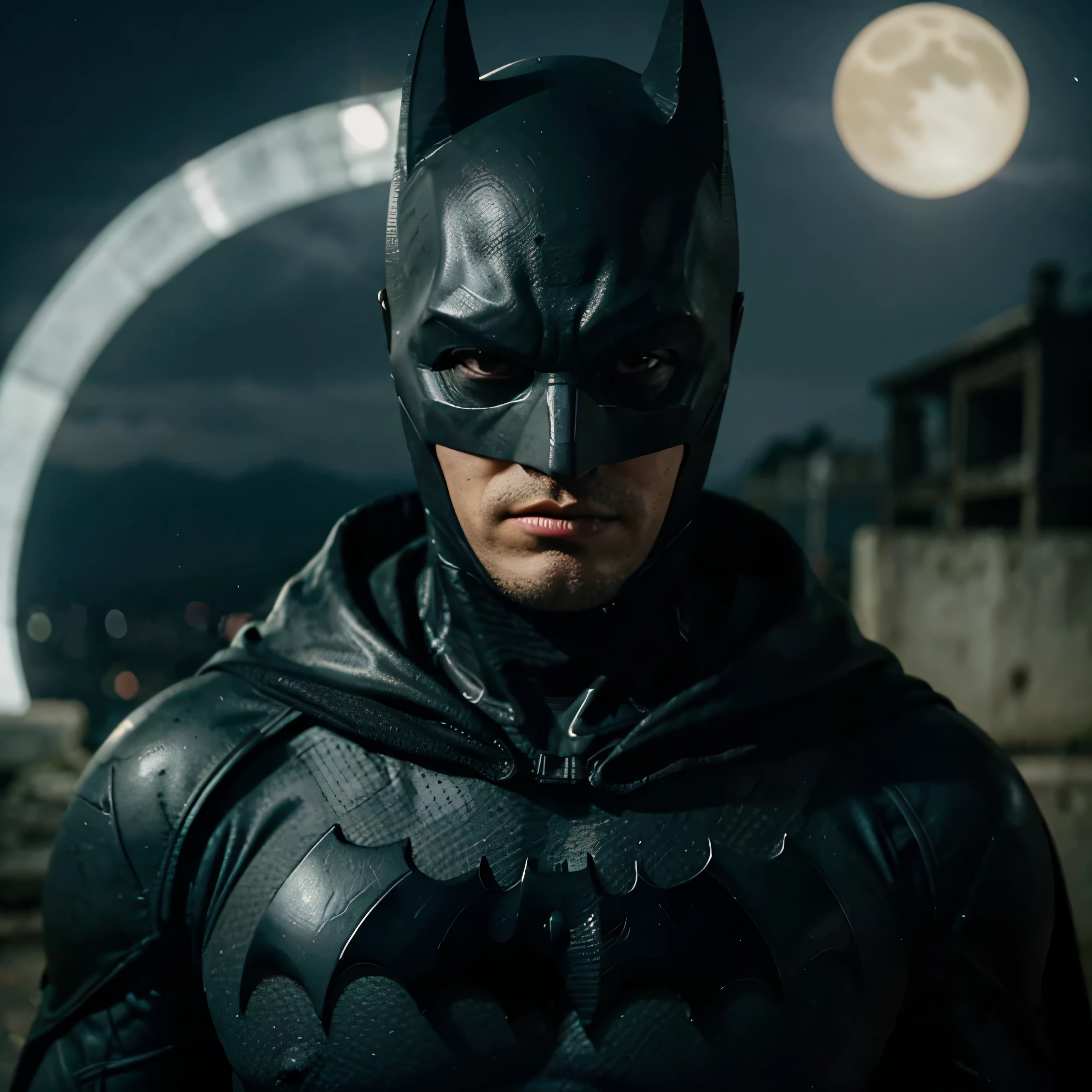 Crie um batman hiper realista em cima de um gargula com a lua de fundo, o uniforme dele preto e varios morcegos ao redor