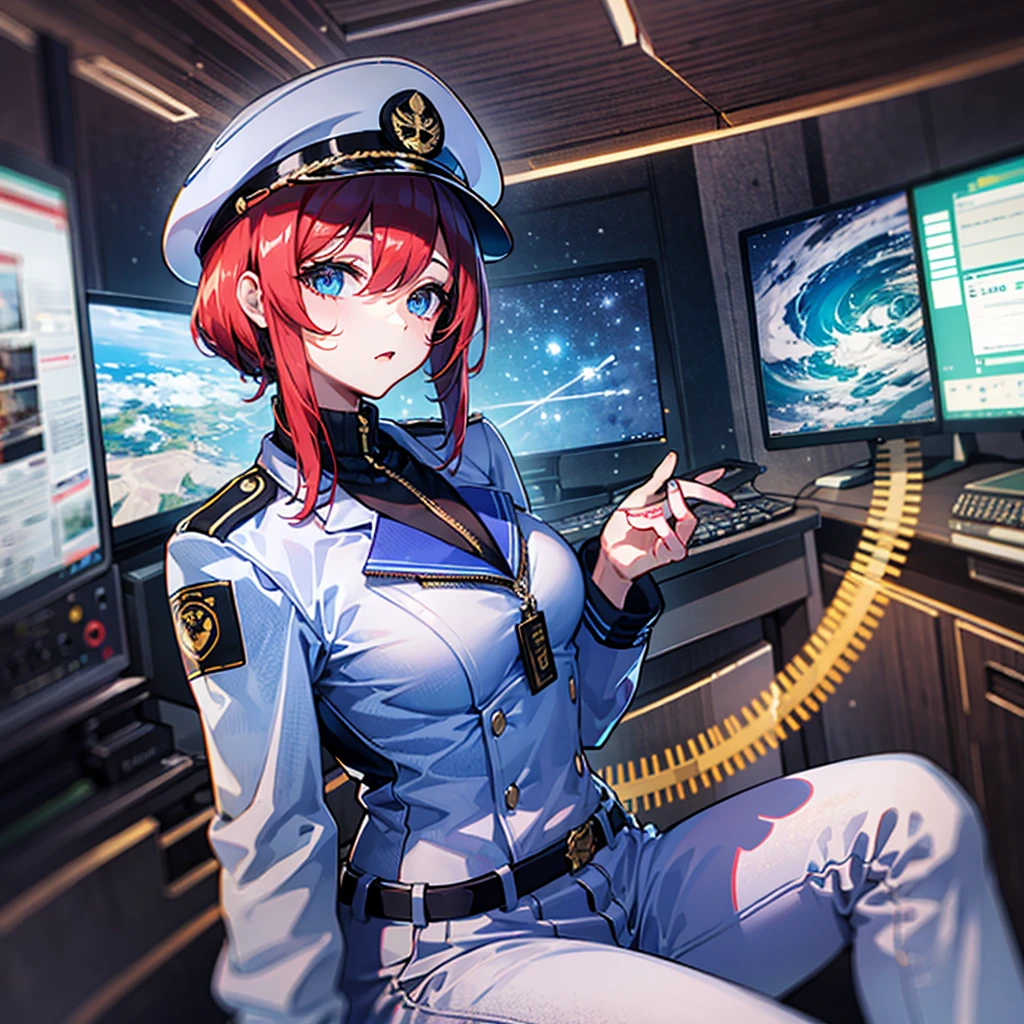 （（（​masterpiece、Top image quality、top-quality、highly detailed unity 8ｋwall-paper）））、（Illustration of one woman）、30 years old、（Viceroy）、（（Red-haired shorthair））、（Thin hair hanging down both sides of the face）、Blue eyes、（（tall））、（（Muscle Woman、stocky build、muscular legs、broad shoulders、solid chest））、（（Military uniforms））、（（Military Cap））、（（Military coat））、（white clothes）、（White pants）、（white hat）、trench coat、、（（（manspreading、Sitting in the captain's seat）））、（（（Inside a futuristic spaceship、Surrounded by instruments and monitors、The Universe on the Monitor、Earth seen from space）））