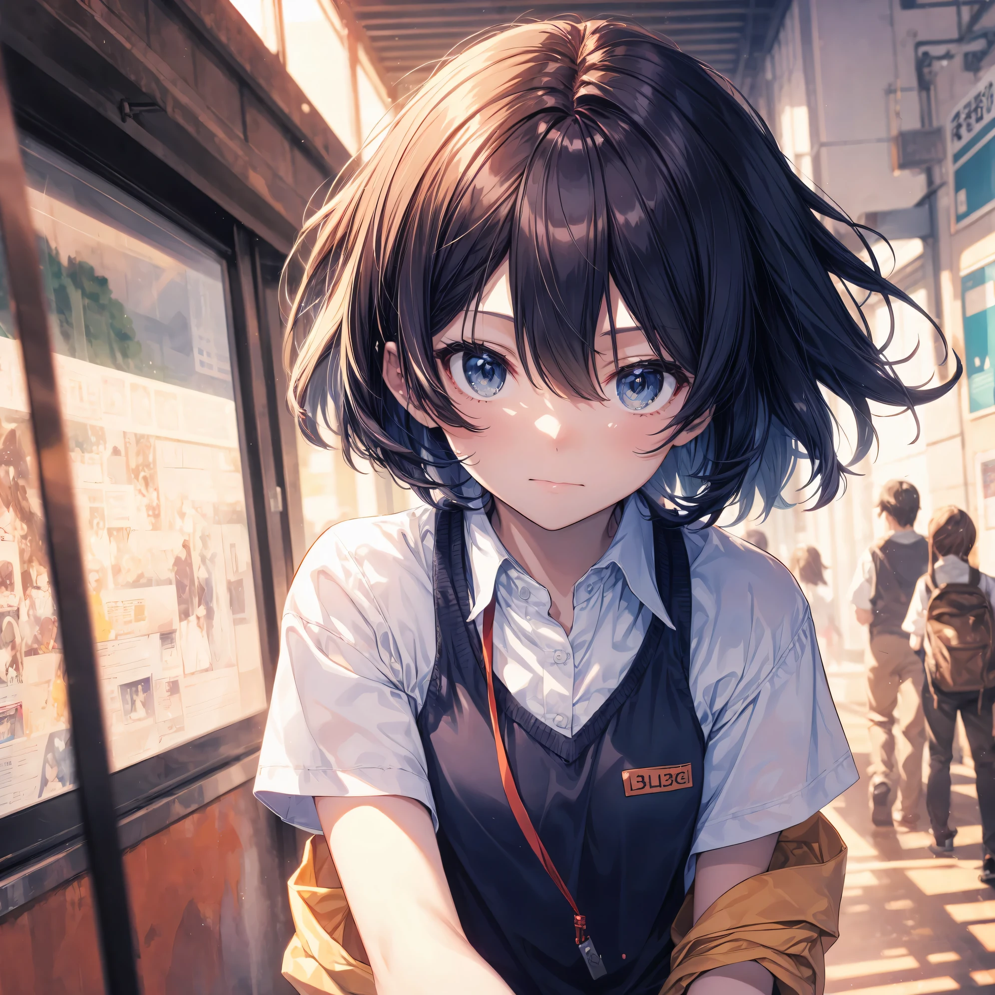 Super high quality by the art god, Ultra-detailed, high resolution, Shinkai Makoto style, anime moe art style, best anime 8K konachan wallpaper, pixiv contest winner, perfect anatomy, break,(Please draw a sleepy girl going to school alone.. ),break, surreal high school girl, (solo,Loli,,13 ye,complete limbs, full finger,Middle school sturm, (extra very short hair), messy hair, flat and soft chest, small beautiful butt, groin, Small eyes,beautiful detailed black eyes, Well-proportioned iris and pupils, disgusted eye, High resolution detailed hair, School uniform, Skirt, On the way to school. break,Ultra-detailed細なスキン, Best lighting by famous artists, 8K, illustration,