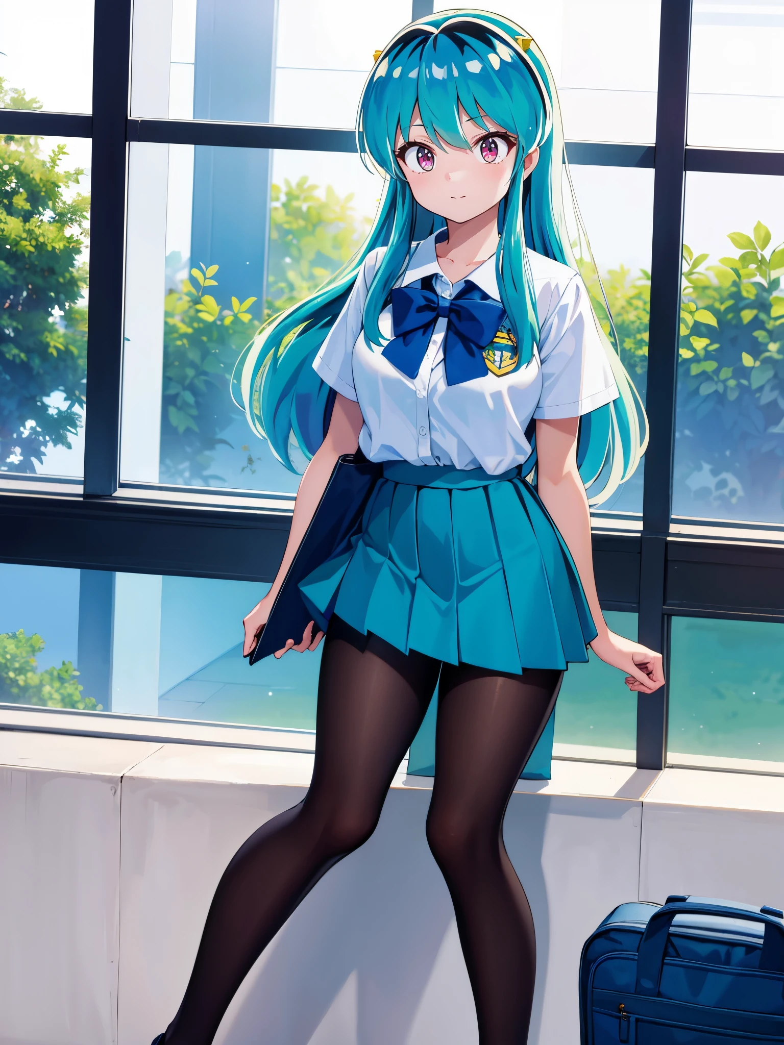 (1girl in),(high quality), (hight resolution), (Highly detailed), (in 8K),(lower body shot),Ram from Urusei Yatsura is wearing a transparent school uniform and a navy pleated skirt.),(Wearing black pantyhose)No shoes,perfect writing,(Beautifully erect nipple shape:1.1),hight resolutionの美しい目,(Neutral white lighting:1.2),simple background,turning away