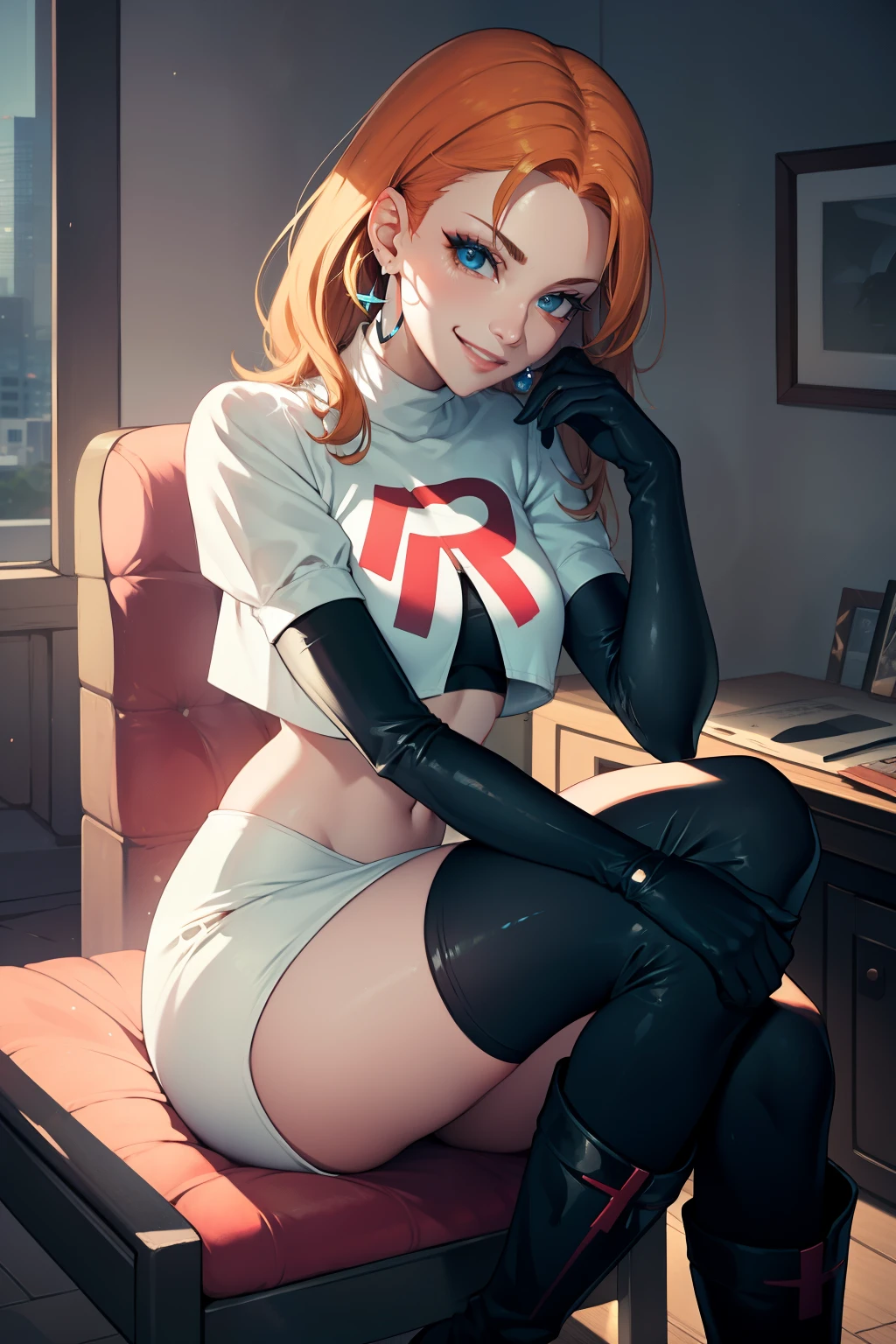annette_war ,glossy lips, light makeup, eye shadow, earrings ,team rocket,team rocket uniform, red letter R, white skirt,white crop top,black thigh-high boots, black elbow gloves, evil smile, sitting down legs crossed