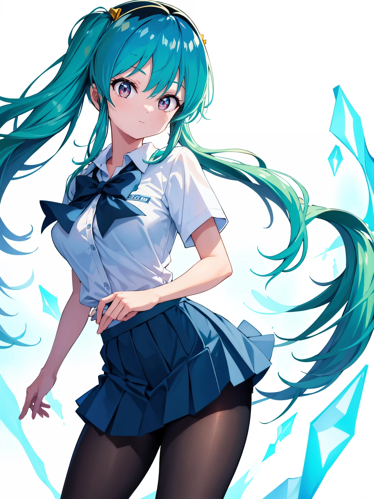 (1girl in),(high quality), (hight resolution), (Highly detailed), (in 8K),(lower body shot),Ram from Urusei Yatsura is wearing a transparent school uniform and a navy pleated skirt.),(Wearing black pantyhose)No shoes,perfect writing,(Beautifully erect nipple shape:1.1),hight resolutionの美しい目,(Neutral white lighting:1.2),simple background,turning away