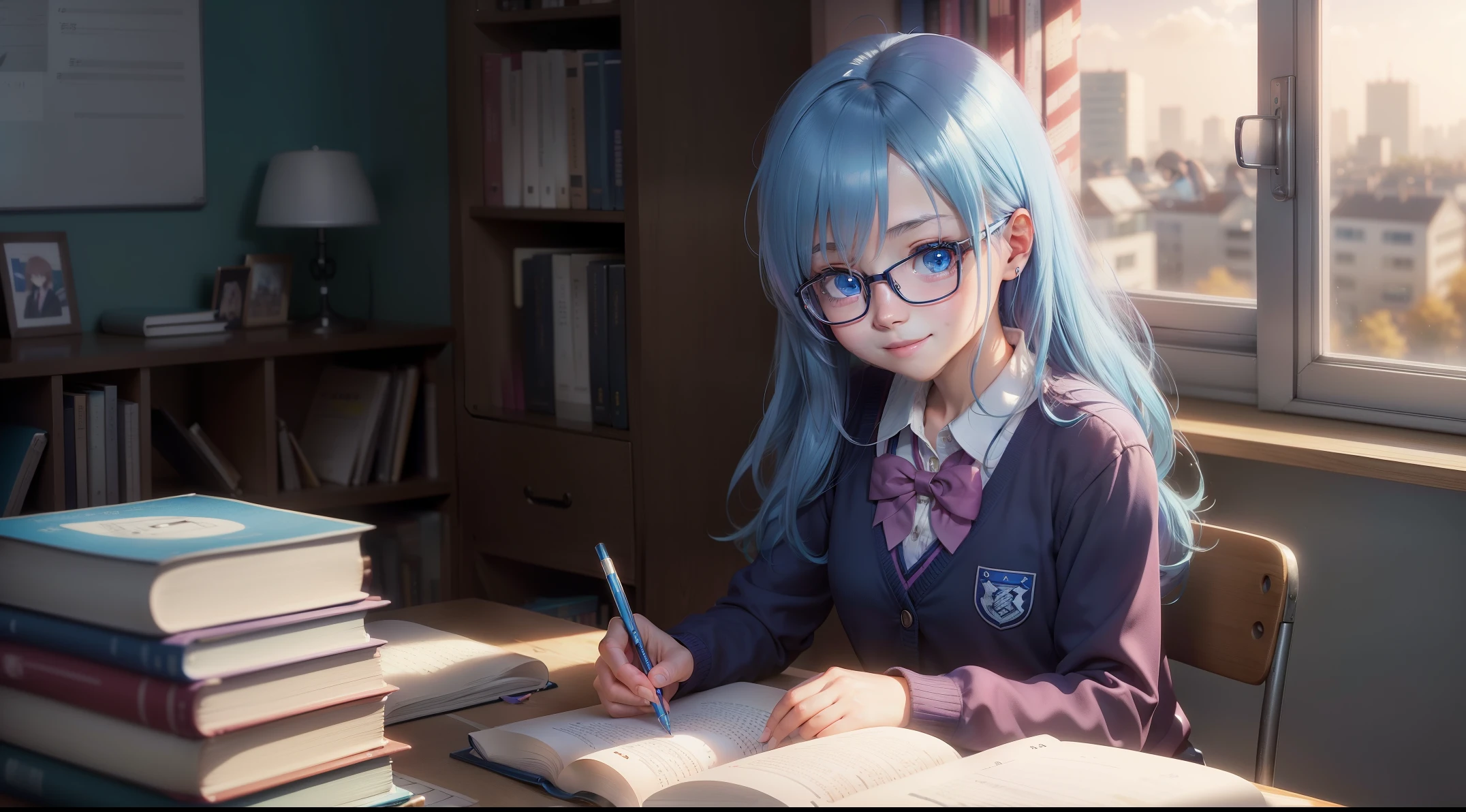 (bright anime:,anime girl,blue eyes,cute,smiling,bookworm,studying,concentrated:1.1,sitting at desk,notebook,highlighter,glasses:1.1,pencil,clock,stack of books:0.9,school uniform,college backdrop,homework,exam:1.1,success:1.1,confidence)
