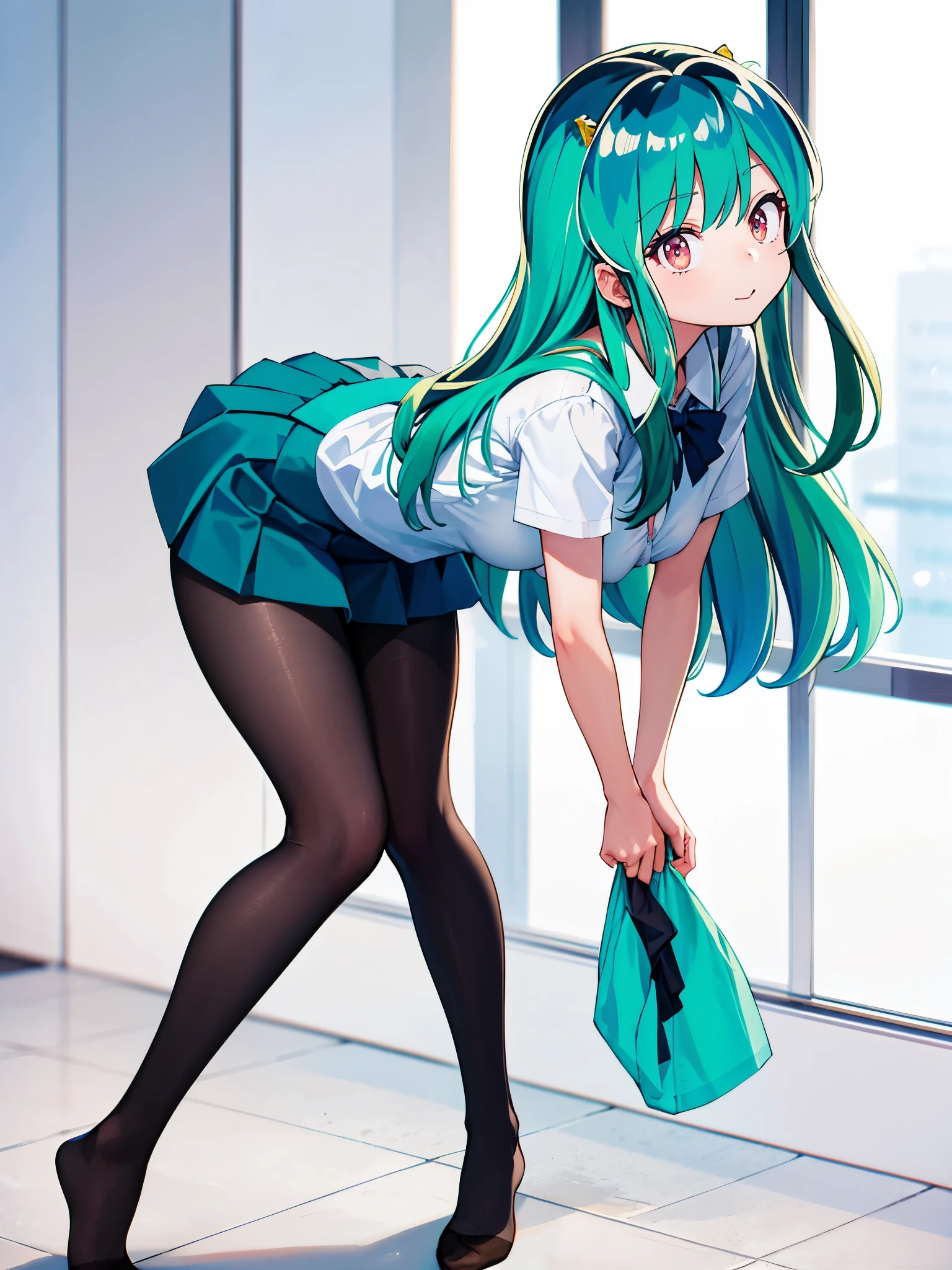(1girl in),(high quality), (hight resolution), (Highly detailed), (in 8K),(lower body shot),Ram from Urusei Yatsura is wearing a transparent school uniform and a navy pleated skirt.),(Wearing black pantyhose:1.3)No shoes,perfect writing,(Beautifully erect nipple shape:1.1),hight resolutionの美しい目,(Neutral white lighting:1.2),simple background,turning away