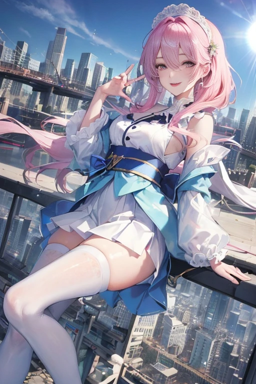 beautiful girl,White long hair,curls,Blue pupils,An expression of disdain,(Dilapidated building),White leggings,(Tights),(Energy core),White knee socks,belly button,Leather lace-up boots,(pubic),(Cross-sea bridge),dusk,(evening),Pink sky,Fire Cloud,(Sea surface reflecting the sky),Cinematic texture,Exquisite light and shadow