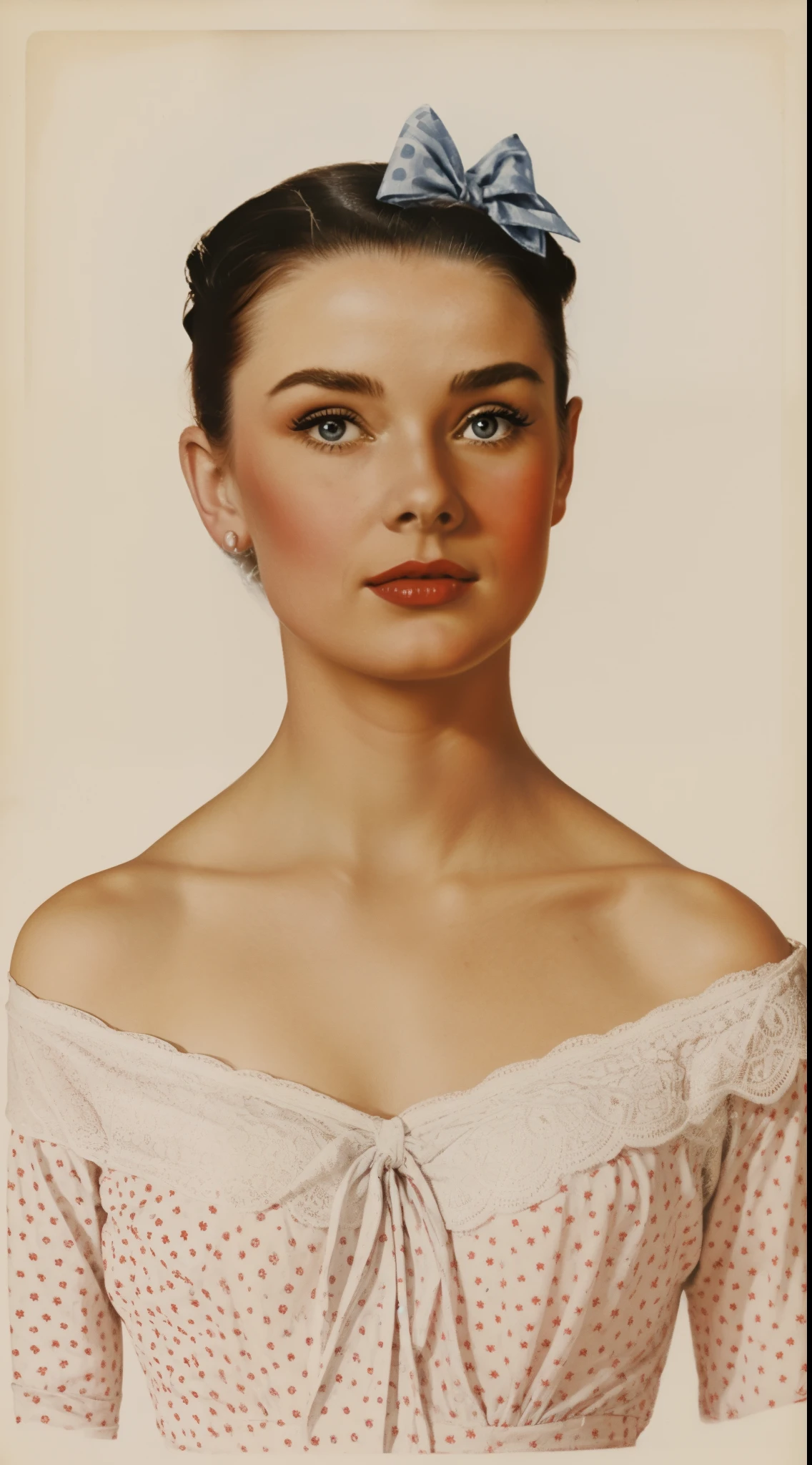 A delicate, oil painting picture portrays, a nude beautiful American woman, Audrey Hepburn look, naked, big firm breasts, standing bare feet without background, her features rendered in subtle shading and precise lines. The framing is tight, focusing attention on the subject's serene face. Soft, feathery strokes convey the gentle texture of her short hair