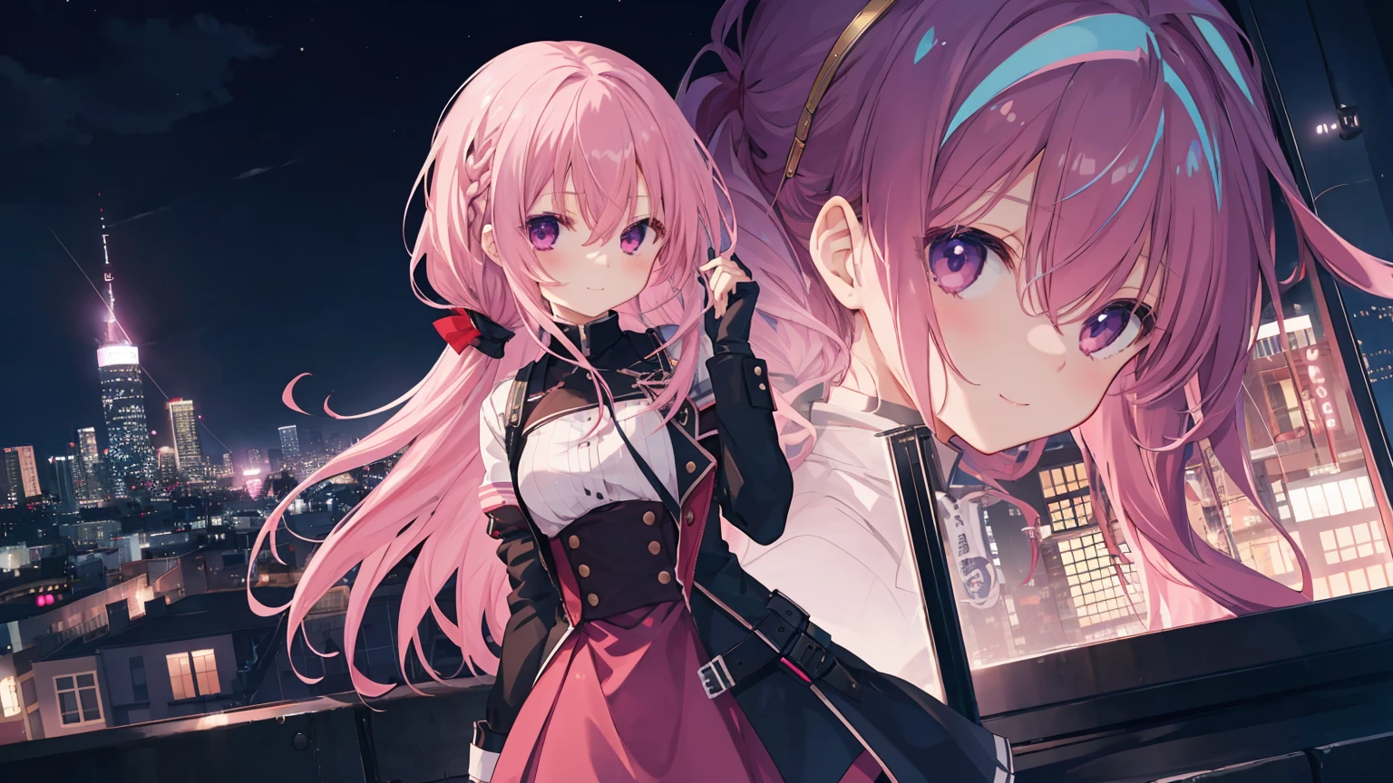 a girl,solo,The city at night,is shy,Be red in the face,civvies,medium,gentleness,ssmile,black glove,In the bedroom,night city background,Mitsukasa Ayase,pink hair,long hair,No hair accessories,7 figures,