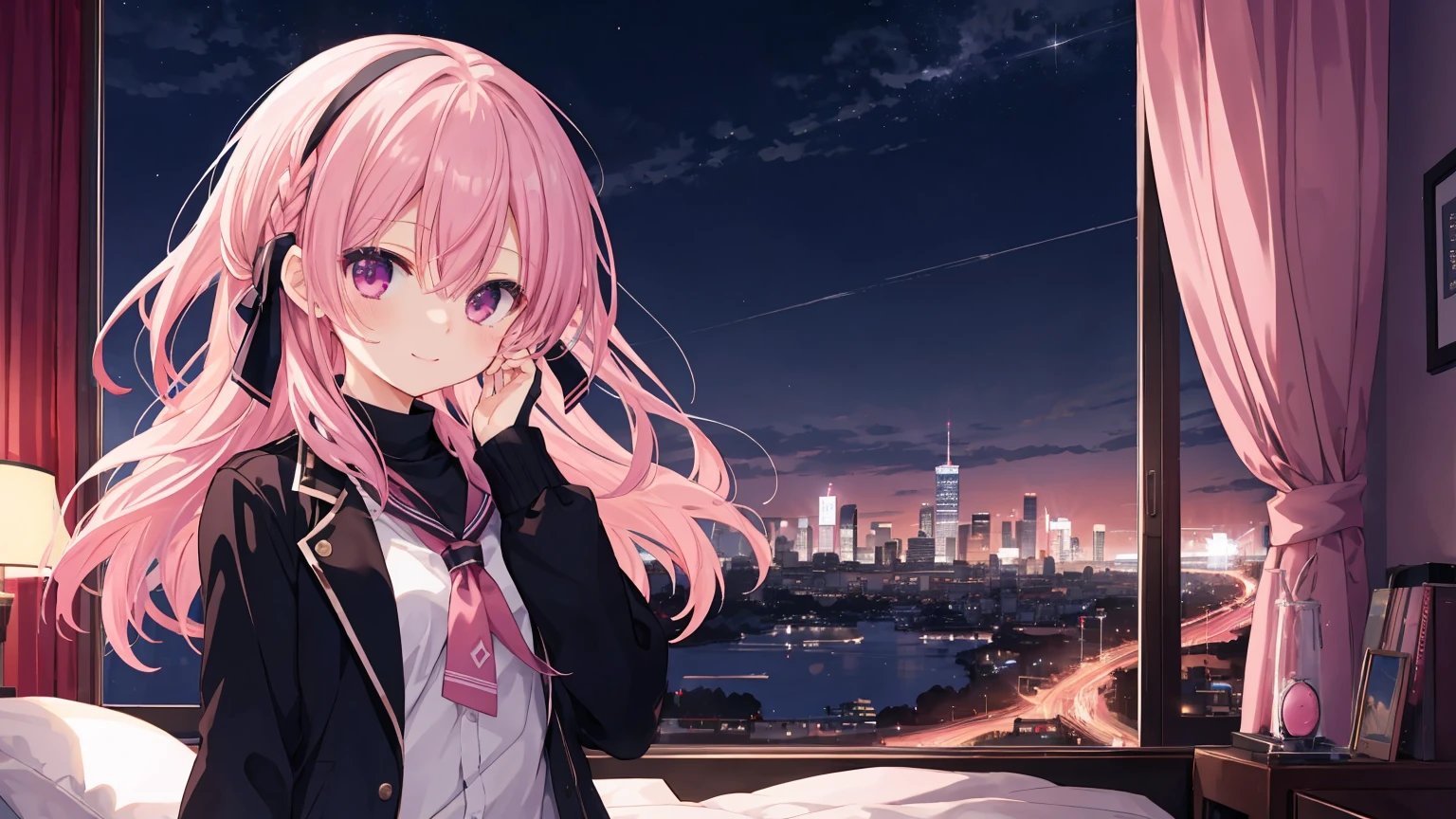 a girl,solo,The city at night,is shy,Be red in the face,civvies,medium,gentleness,ssmile,black glove,In the bedroom,night city background,Mitsukasa Ayase,pink hair,long hair,No hair accessories,7 figures,