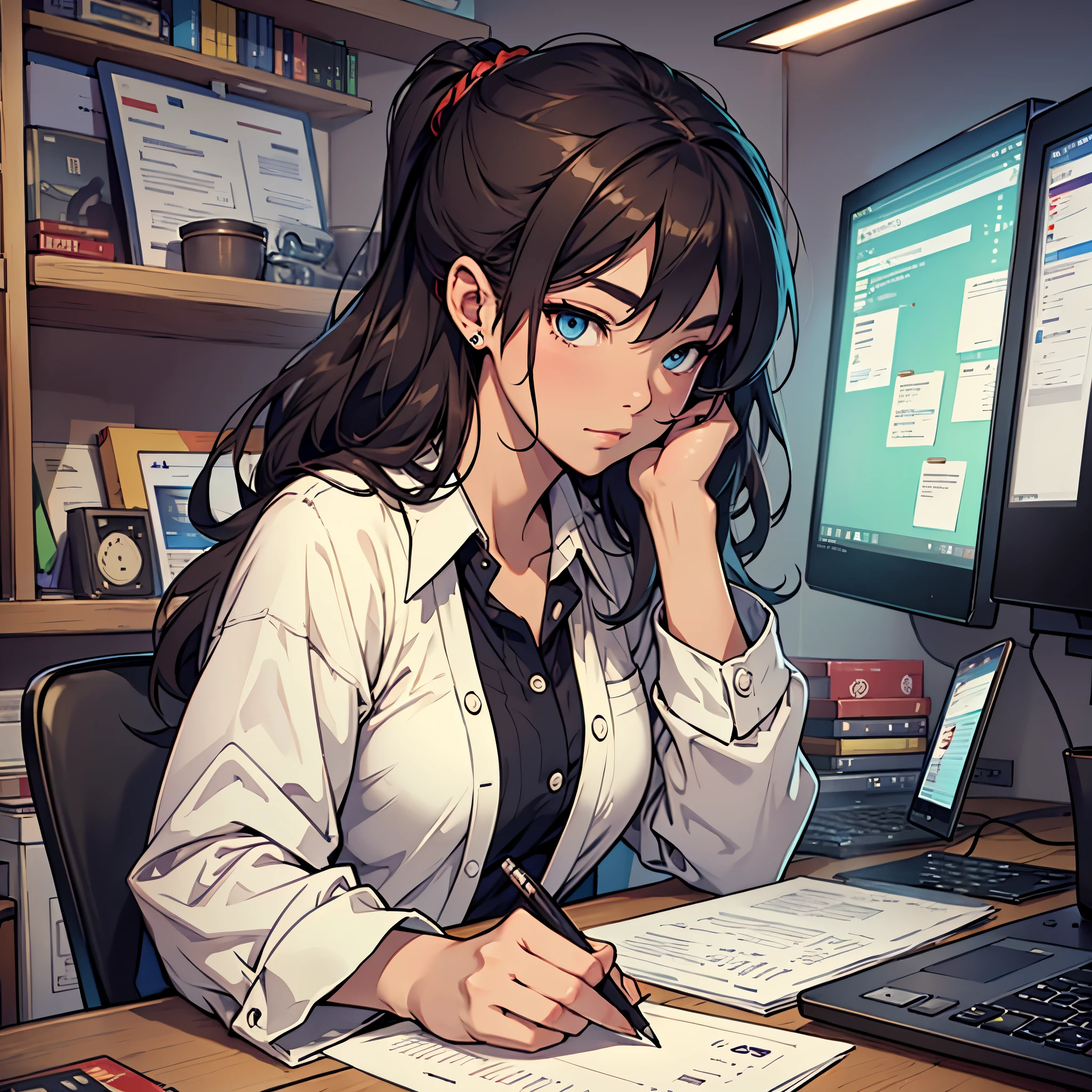in the description, I can imagine a young woman sitting in front of a computer..。, Focus on writing. she is concentrating on work, Her eyes stare at the screen in front of him..、fingers moving lightly on the keyboard. the environment is quiet, Appropriate lighting and an environment that makes it easy to concentrate.