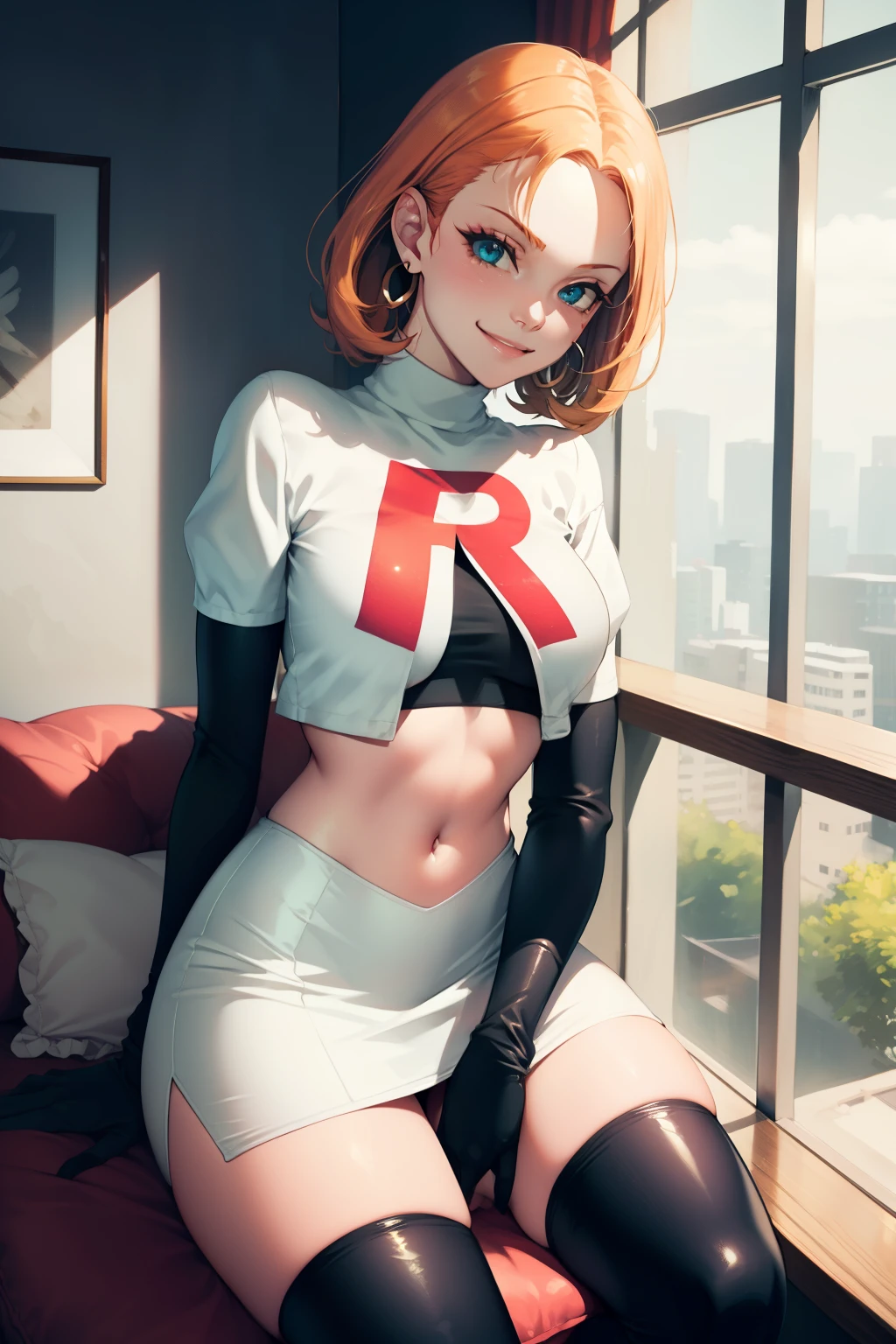 annette_war ,glossy lips, light makeup, eye shadow, earrings ,team rocket,team rocket uniform, red letter R, white skirt,white crop top,black thigh-high boots, black elbow gloves, evil smile, sitting down legs crossed