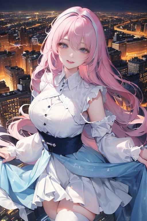 offcial art, tmasterpiece, Sharp focus beautiful gorgeous cute korean woman:1.3), (beautiful and cute korean:1.3), Korean beauty, exquisite beautiful hair、eyes and face, actual, Super detailed, beautiful girl, blue sky, Luminous white particles, (side light:1.2), sun light, Baiyun, Detailed cloud, Slender, revealing buttocks, smiling with teeth, ((Smile with your eyes, open both eyes)), Thin woman,landscape, long, straight hair, sexy facial expression, buliding, (city View:1.7), dynamic hair, long, straight hair, Detailed platinum pink hair, Luminous Blue Eyelue Pleated Shirt + Short white skirt), white stockings, pale skin, hair accessories, epic landscape,night