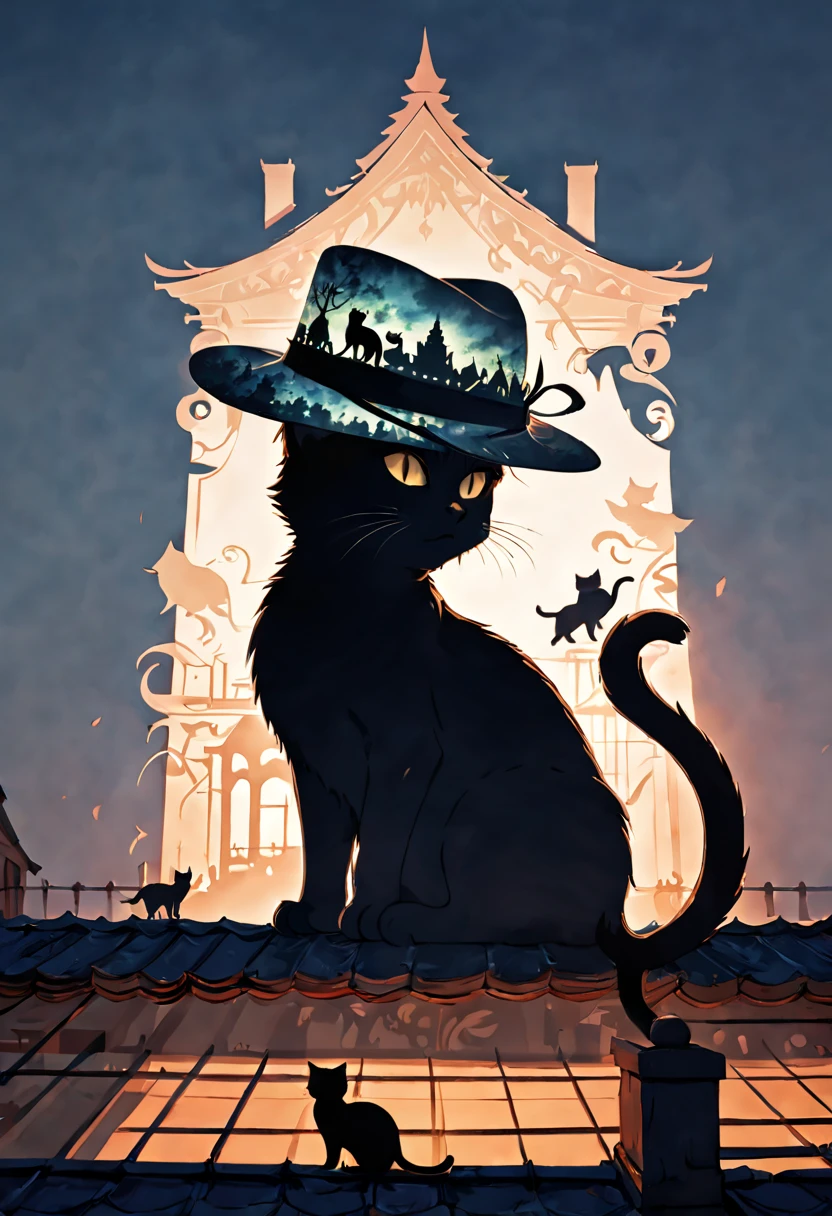 A cat wearing a hat, Silhouette Art, multiple exposure, on the roof, enhance, intricate, (best quality, masterpiece, Representative work, official art, Professional, unity 8k wallpaper:1.3)