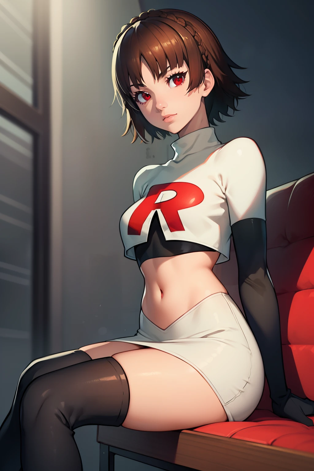 makoto nijima, blunt bangs, braid, brown hair, crown braid, (red eyes:1.3), short hair, ,glossy lips, light makeup ,team rocket,team rocket uniform, red letter R, white skirt,white crop top,black thigh-high boots, black elbow gloves,sitting down legs crossed
