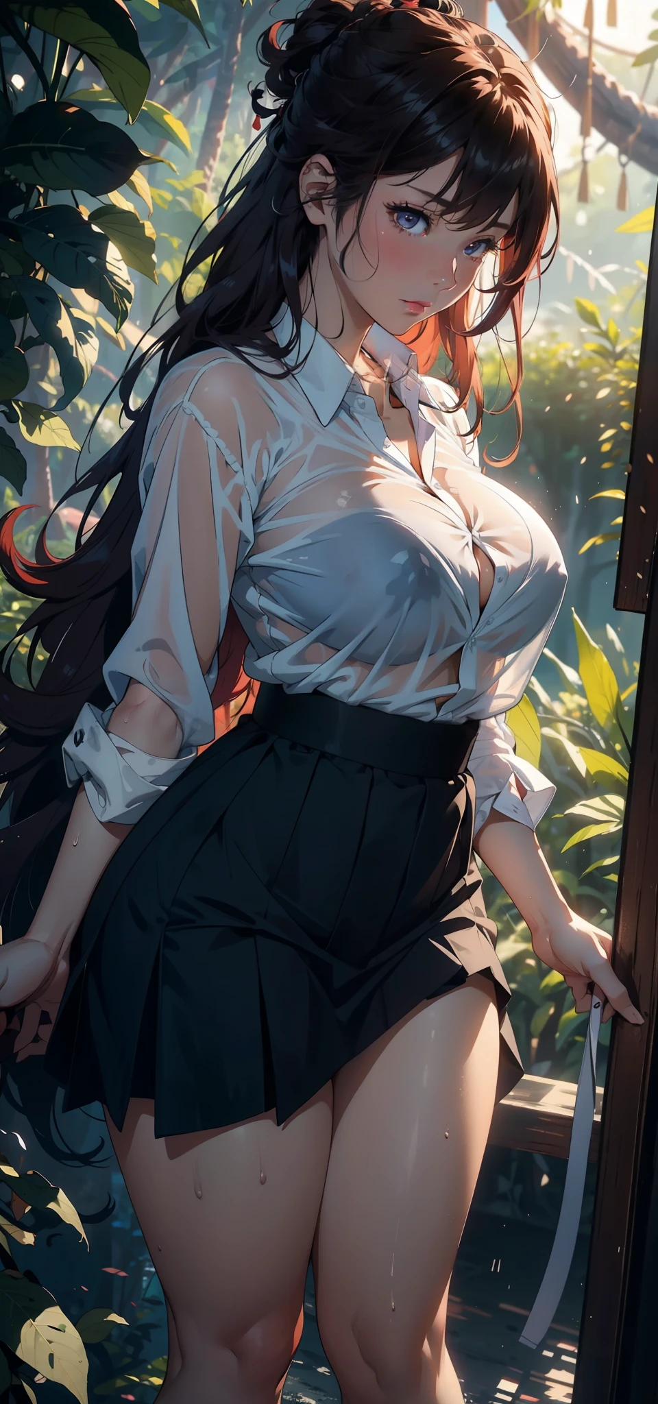 1 female,35 years old,,big breast pose, solo,(Background with:forest,tropical rainforest,In summer) She has long purple-red hair,standing on your feet,Sweat profusely,Drenched all over the body,Seen from the front, curly, Mostly cloudy sky,(((T Masterpiece),(Very detailed CG Unity 8K wallpaper),best quality,cinmatic lighting,詳細なBackground with,Beautifully detailed right pupil,(Very fine and beautiful),(Beautiful and detailed eyes description),ultra - detailed,T Masterpiece,)),facing at camera,hight resolution,ultra - detailed),,publish one'genital protrusion,Camel toes,I grew up sexy,flushed complexion,Bocchi,間Bocchi,japanese samurai(Wearing:JK Skirt,White transparent shirt,Beautiful legs in black silk)