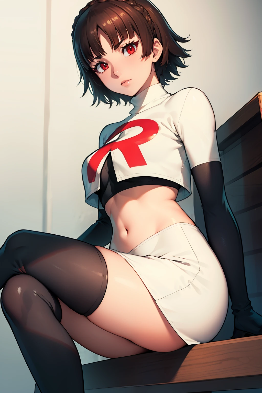 makoto nijima, blunt bangs, braid, brown hair, crown braid, (red eyes:1.3), short hair, ,glossy lips, light makeup ,team rocket,team rocket uniform, red letter R, white skirt,white crop top,black thigh-high boots, black elbow gloves,sitting down legs crossed