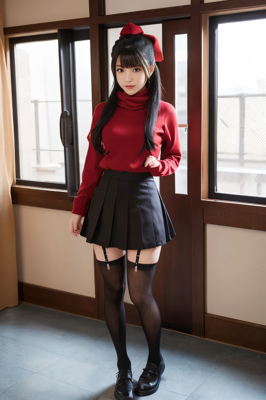 high school girl ninja、ninja style uniform（mini skirt）、Full body Esbian、、Fishnet tights 、Red muffler