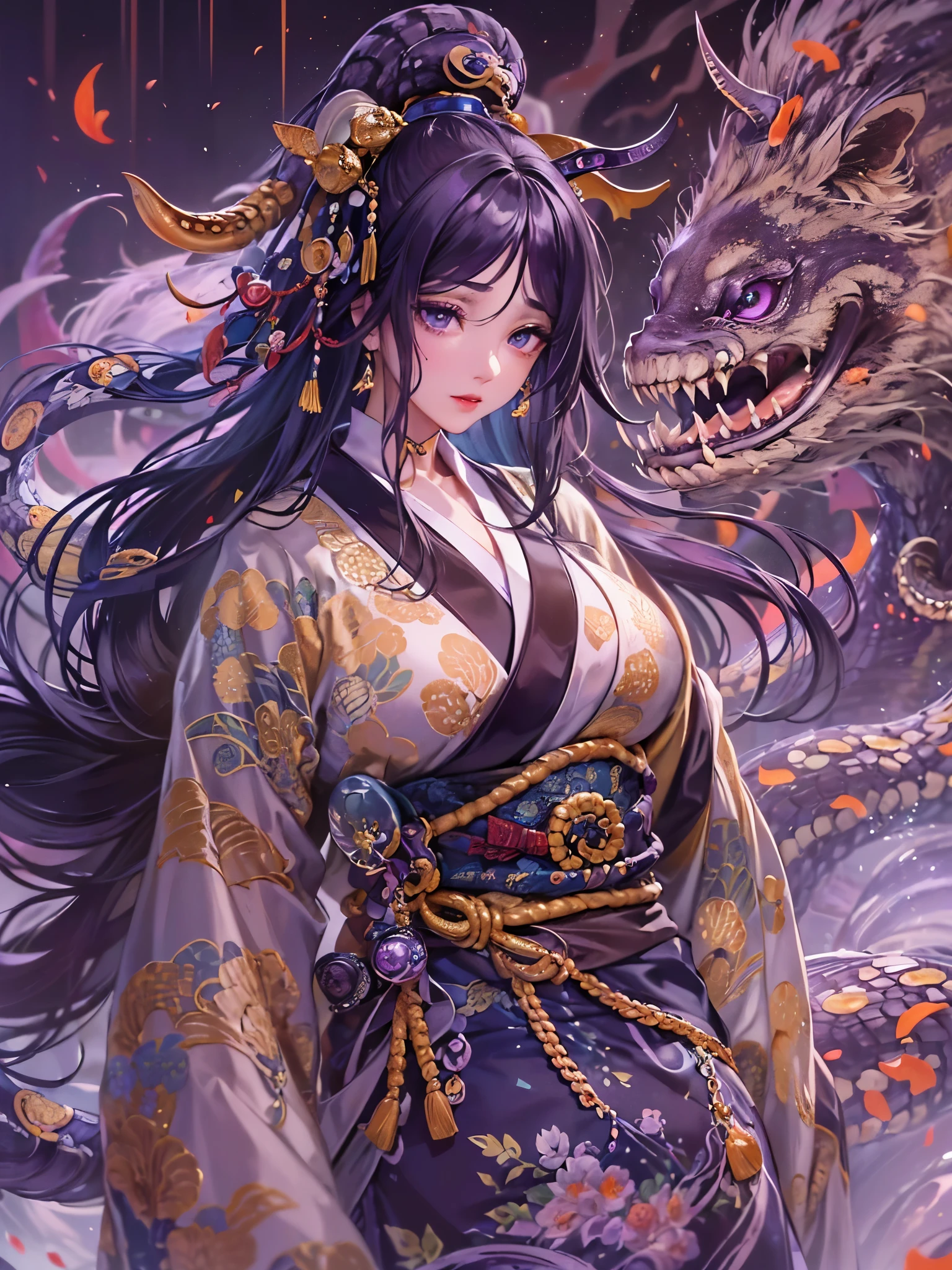 ((Finest quality)),(超A high resolution),(ultra-detailliert),(Meticulous portrayal),((Best CG)),(Finest works of art),Ultra-Precision Art,The art of astounding depiction,(Art with precise depiction in every detail:1.5), (1人の女性:1.5),A dark-haired, (Yamata no Orochi:1.8)
