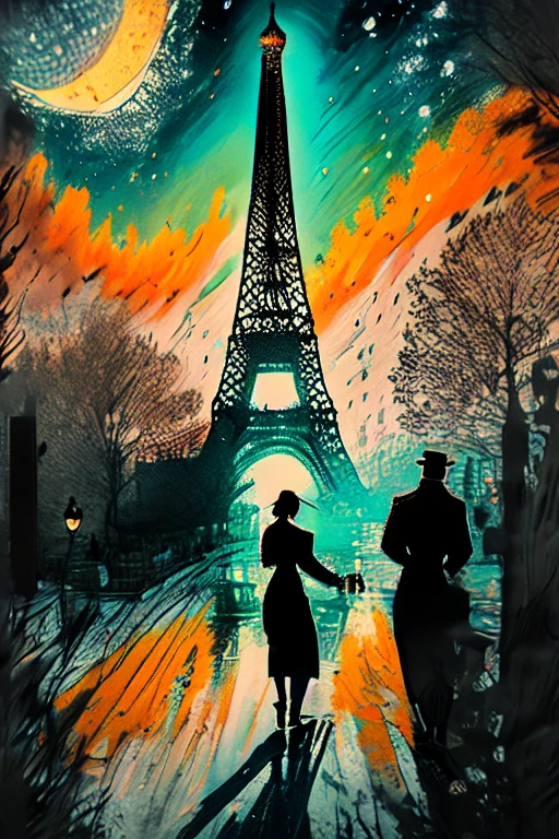 Affiche vectorielle style Van Gogh (Tour Eiffel, champ de Mars, Seine dans la ville de Paris) en terrasse le soir sur la place de la ville à Paris le soir du nouvel An avec les décorations de Noël ; peinture naturalisme impressionniste pointillisme couleurs vives avec du contraste, Proche de la perfection, dynamique, Clair de lune, Très détaillé, Peinture à l’aquarelle Vincent Van Gogh, illustration, illustrations de Van Gogh, Paris, Tour Eiffel, champ de Mars, Seine dans la ville de Paris, selfie impressionniste pointillisme vue avec décorations lumineuses de Noël avec le style impressionniste naturalisme pointillisme Paris