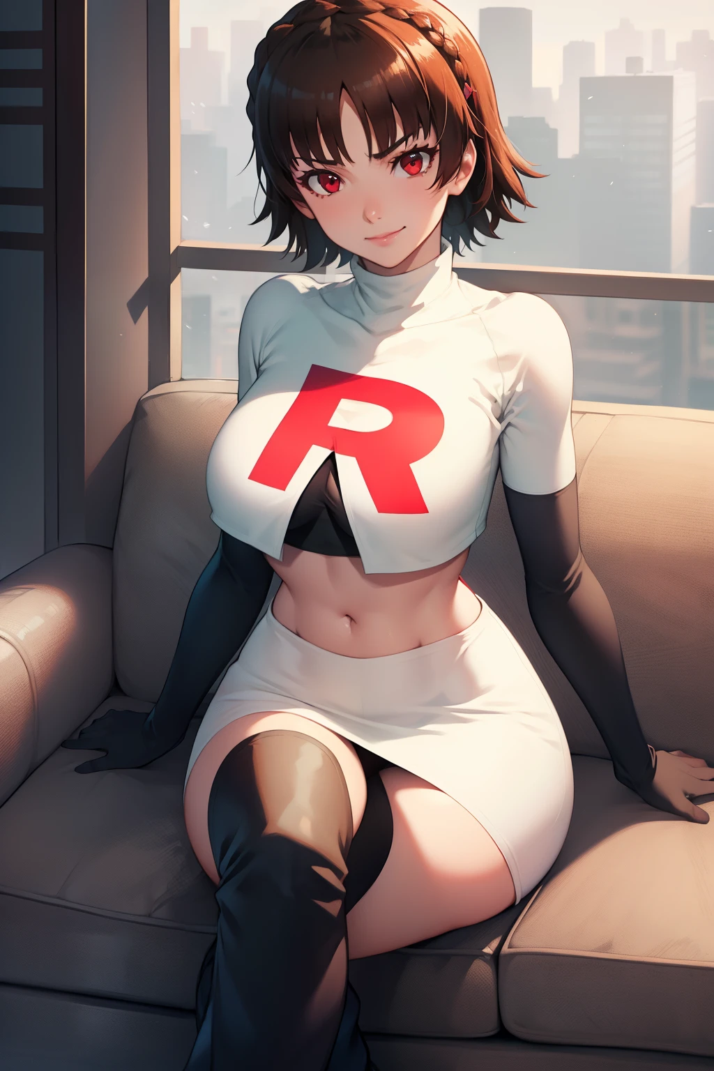 makoto nijima, blunt bangs, braid, brown hair, crown braid, (red eyes:1.3), short hair, ,glossy lips, light makeup ,team rocket,team rocket uniform, red letter R, white skirt,white crop top,black thigh-high boots, black elbow gloves,evil smile ,sitting down legs crossed