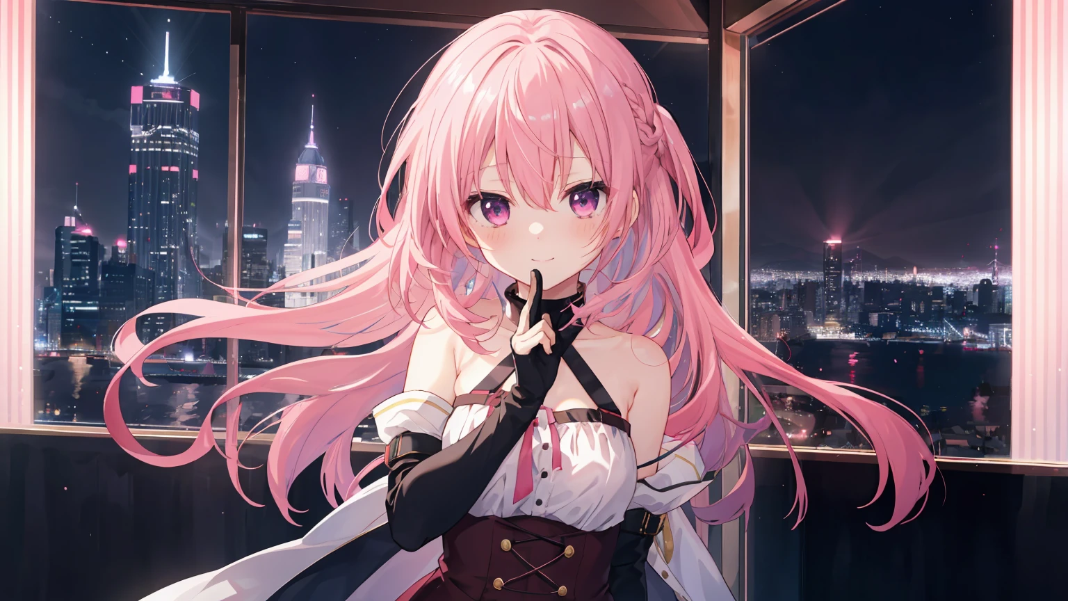 a girl，solo,The city at night，is shy，Be red in the face，civvies，170cm height，45CM bust，，gentleness，ssmile，black glove，In the bedroom，night city background，Mitsukasa Ayase，pink hair，long hair，No hair accessories，7 figures
