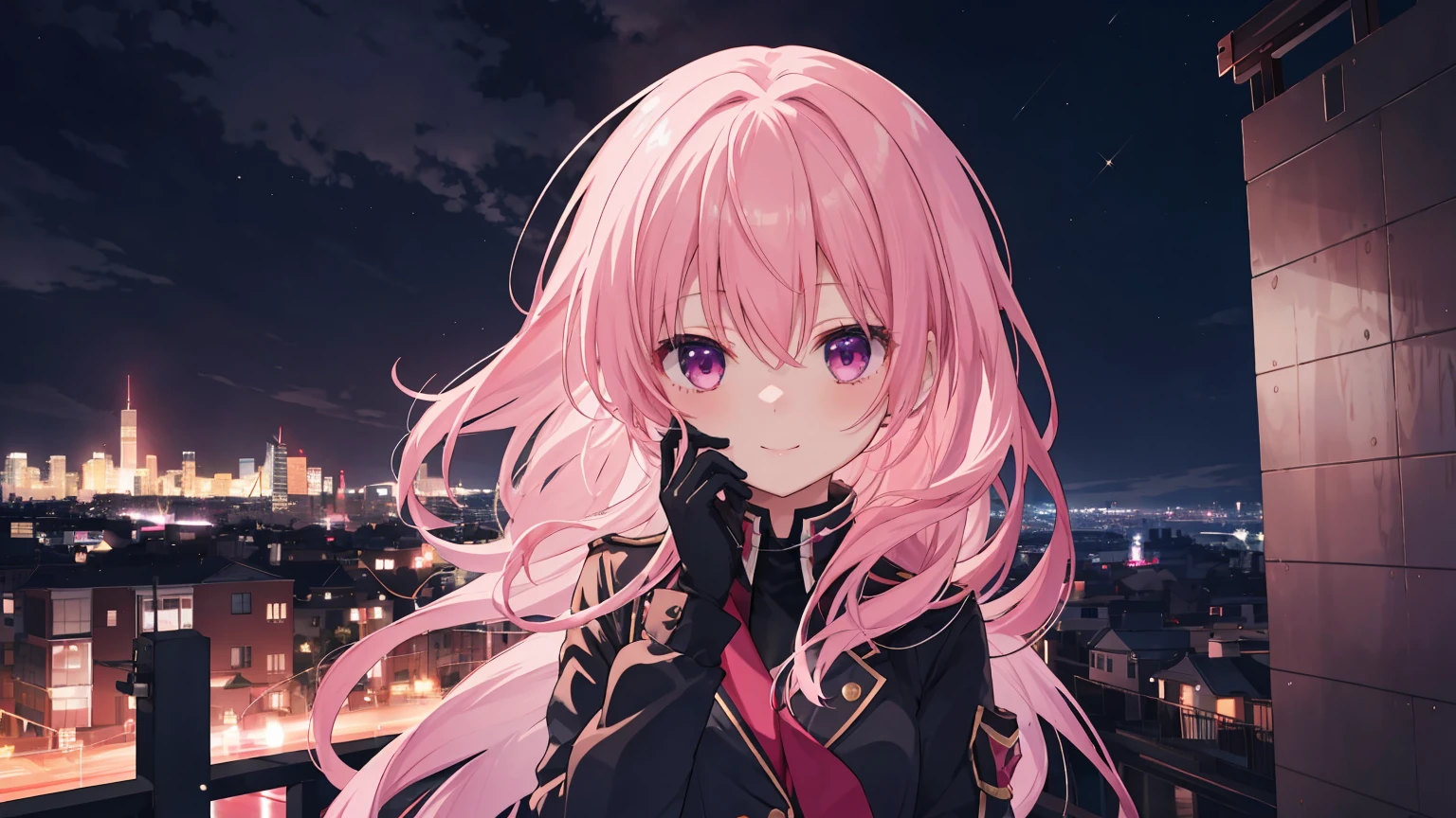 a girl，solo,The city at night，is shy，Be red in the face，civvies，170cm height，45CM bust，，gentleness，ssmile，black glove，In the bedroom，night city background，Mitsukasa Ayase，pink hair，long hair，No hair accessories，7 figures