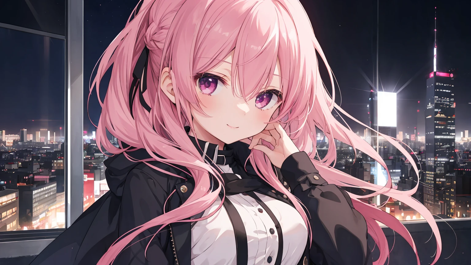a girl，solo,The city at night，is shy，Be red in the face，civvies，170cm height，45CM bust，，gentleness，ssmile，black glove，In the bedroom，night city background，Mitsukasa Ayase，pink hair，long hair，No hair accessories，7 figures