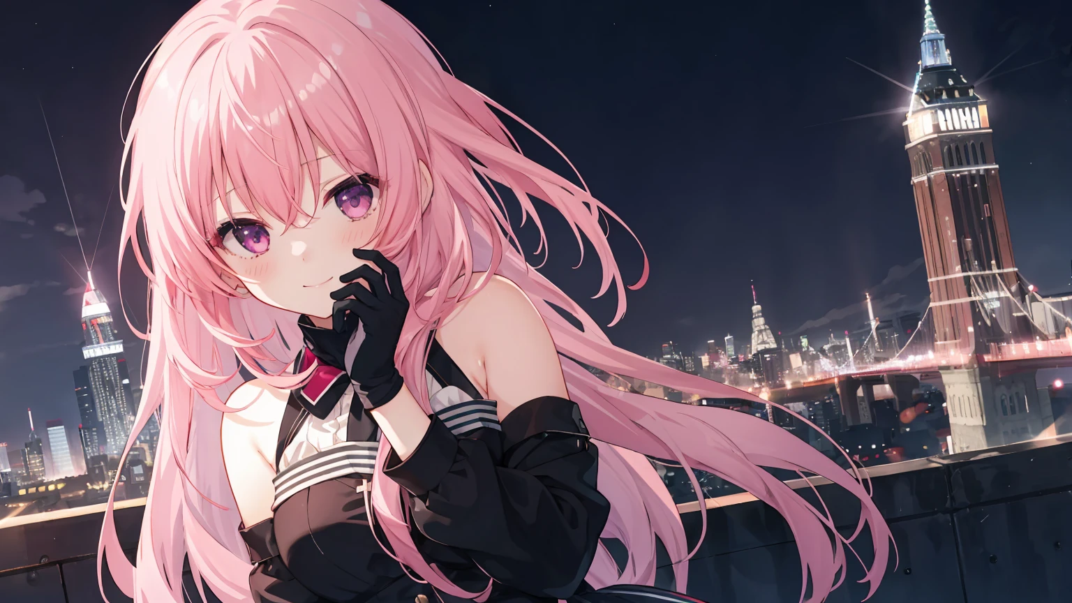 a girl，solo,The city at night，is shy，Be red in the face，civvies，170cm height，45CM bust，，gentleness，ssmile，black glove，In the bedroom，night city background，Mitsukasa Ayase，pink hair，long hair，No hair accessories，7 figures