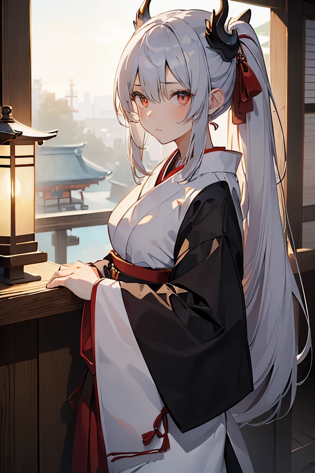 ((​masterpiece:1.4、top-quality:1.2))、1girl with、solo focus、delicated face、Highly detailed anime face and background blindfold：1.3、(transform sequence)、、girl with、japanes,Dragon horn,Dragon's tail,silver hair,Golden Eyes,poneyTail,red hakama,shrine maiden,shrines