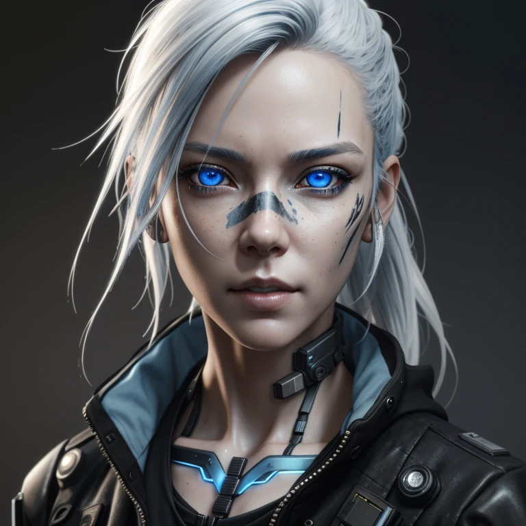 there is a woman with blue eyes and a black jacket, hyper-realistic cyberpunk style, cgsociety portrait, deviantart artstation cgscosiety, cyborg - girl with silver hair, cyberpunk style , hyperrealistic, cyberpunk character, 3d character realistic, beautiful cyberpunk girl face, the cyberpunk girl portrait, small character. unreal engine 5, 3 d render character art 8 k