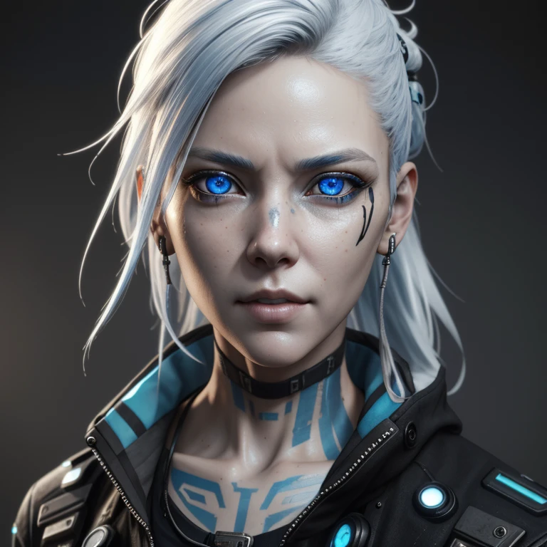 there is a woman with blue eyes and a black jacket, hyper-realistic cyberpunk style, cgsociety portrait, deviantart artstation cgscosiety, cyborg - girl with silver hair, cyberpunk style , hyperrealistic, cyberpunk character, 3d character realistic, beautiful cyberpunk girl face, the cyberpunk girl portrait, small character. unreal engine 5, 3 d render character art 8 k
