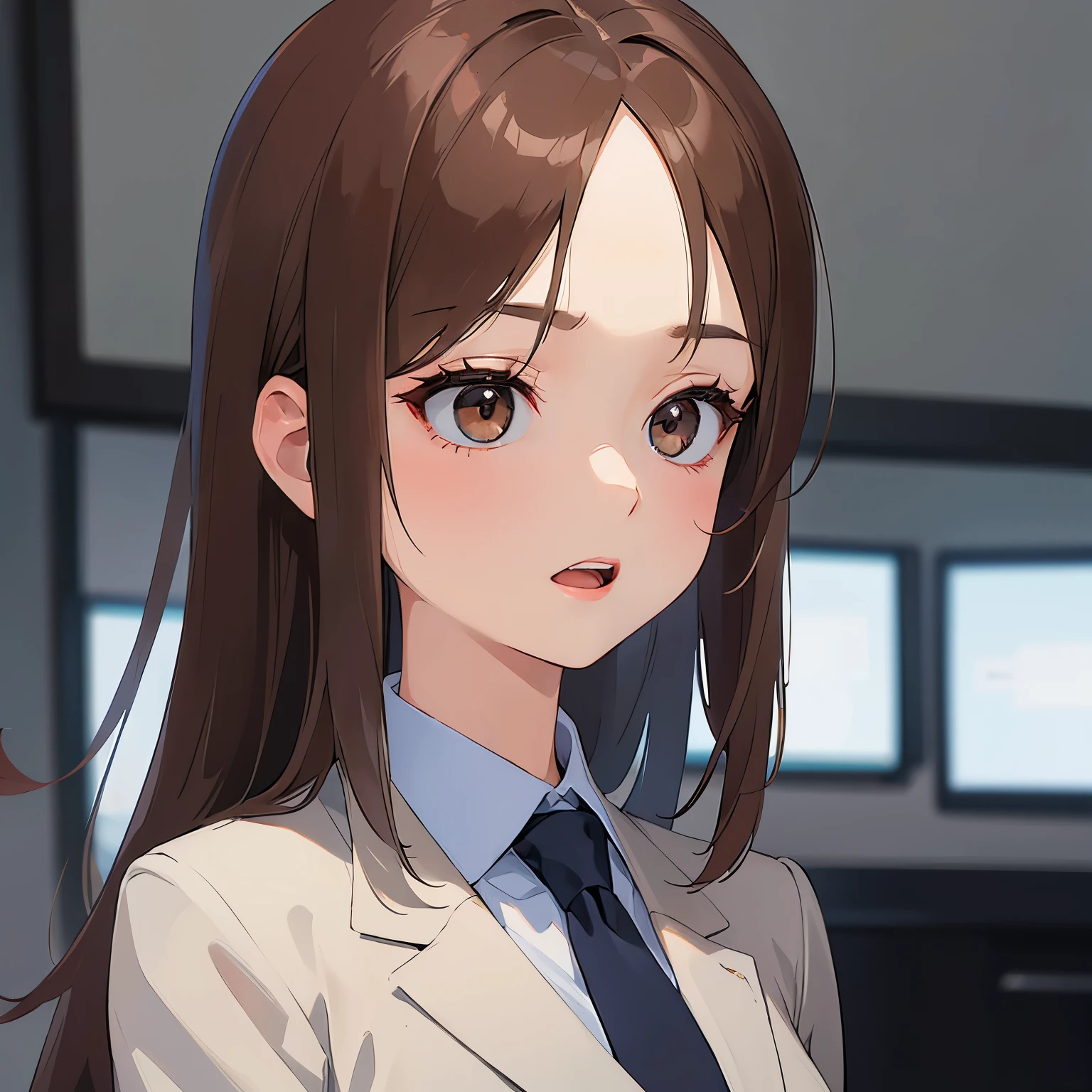 (looking away:1.5), masterpiece、top-quality、 forehead, A 25-year-old woman with medium long hair and brown eyes with bright chestnut bangs.、wearing a gray suit、wearing gray pants、Wearing a blue tie、Serious look、open mouth, is standing、The background is office、Bold composition、Upper body is shown、Alone、Close-up of your face