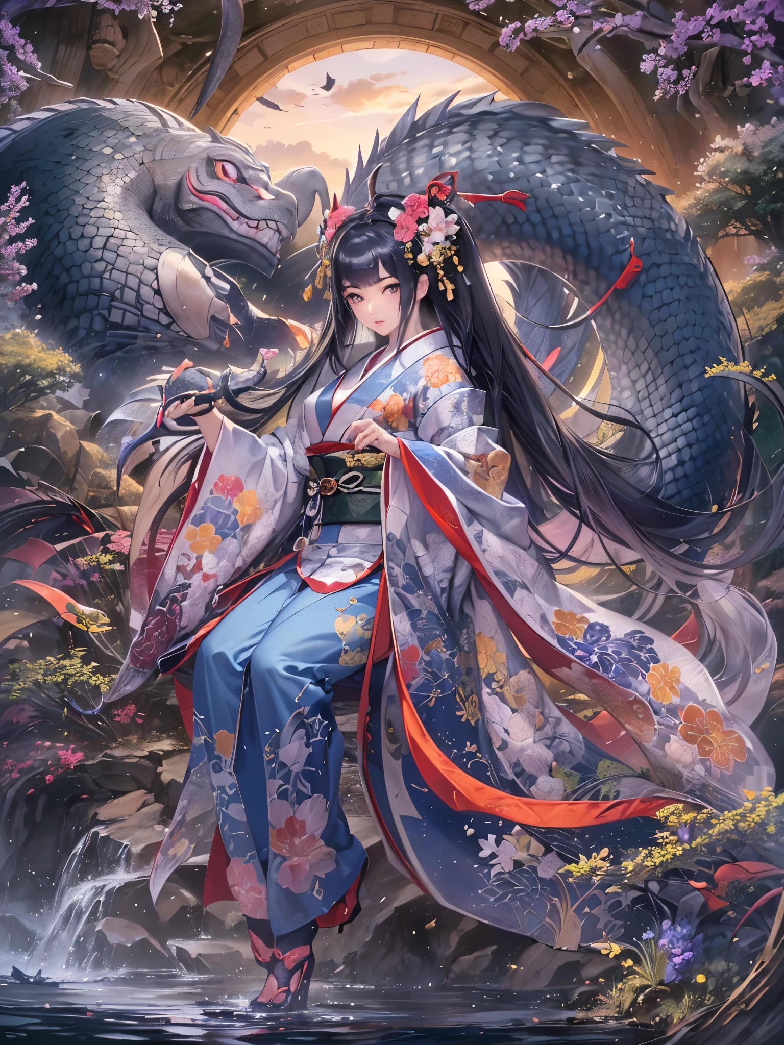 ((Finest quality)),(ultra high resolution),(ultra-detailliert),(Meticulous portrayal),((Best CG)),(Finest works of art),Ultra-Precision Art,The art of astounding depiction,(Art with precise depiction in every detail:1.5), (1人の女性:1.5),A dark-haired, (Yamata no Orochi:1.8)