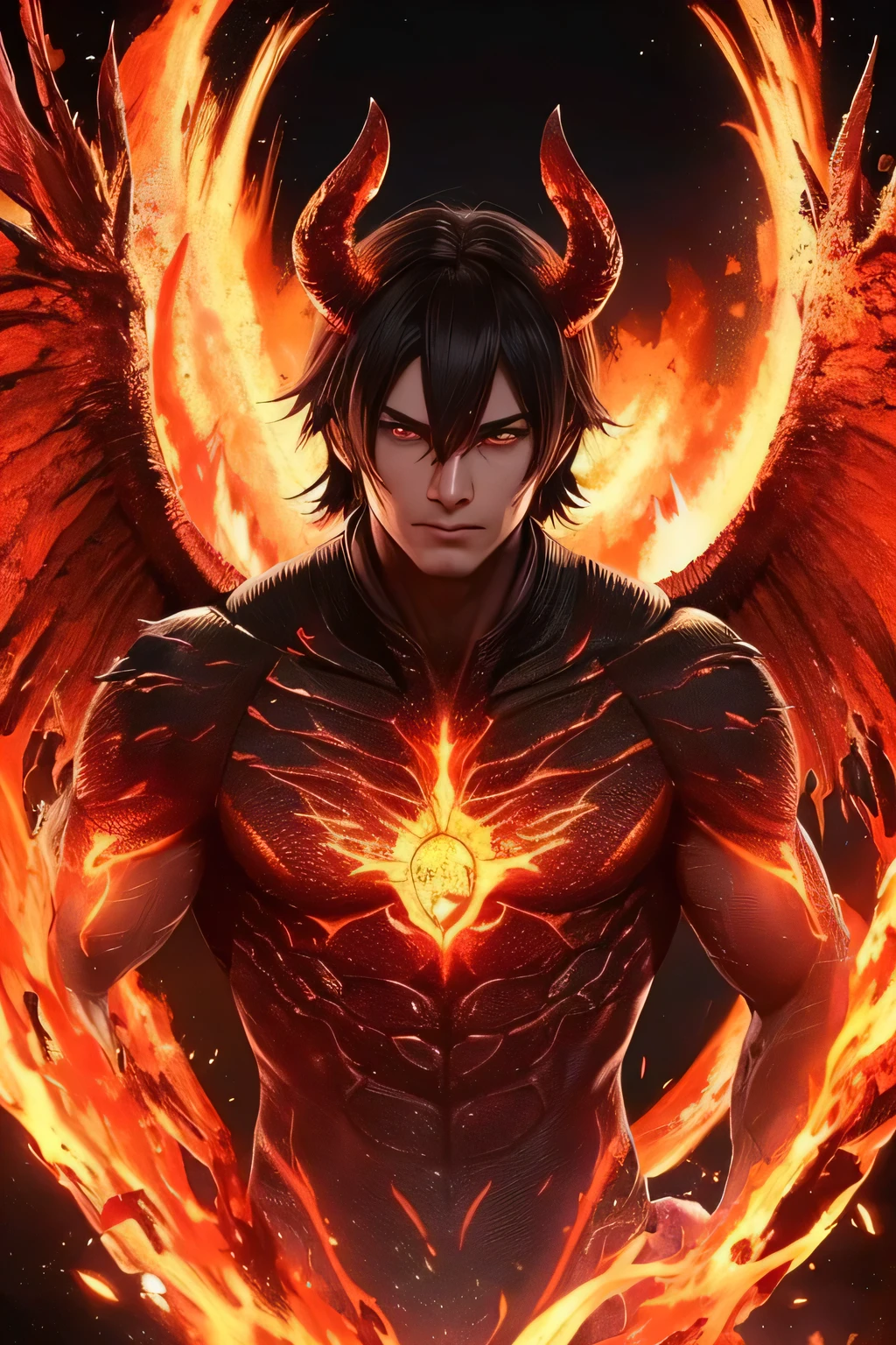 8k, complex, elegant, highly detailed, majestic, digital photography, surrealist painting, beating magic, winding flame, (masterpiece, side light, fine beautiful eyes: 1.2), HDR, (glowing red eyes)), naked upper body, (glowing tattoo), handsome boy, black hair, muscles, black skin, demon horn, raining, handsome, facing the camera, masterpiece