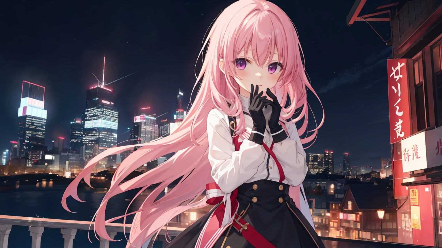 a girl，solo,The city at night，is shy，Be red in the face，civvies，170cm height，45CM bust，，gentleness，ssmile，black glove，In the bedroom，night city background，Mitsukasa Ayase，pink hair，long hair，No hair accessories，7 figures
