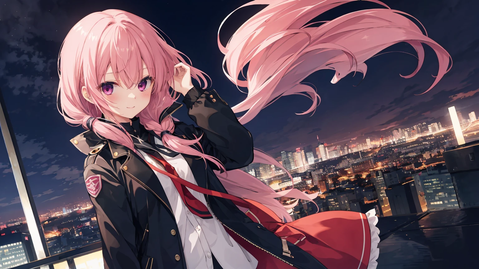 a girl,solo,The city at night,is shy,Be red in the face,civvies,170cm height,45CM bust,,gentleness,ssmile,black glove,In the bedroom,night city background,Mitsukasa Ayase,pink hair,long hair,No hair accessories,7 figures