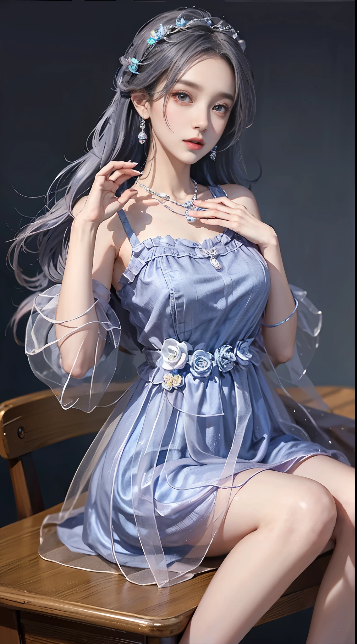 Sweet girl clothes2,pearl necklace,blue dress,flower,  ((knee shot)), Close up, In the classroom, sitting on the desk, beautiful girl college student, masterpiece, light makeup, red lips, silver hair, messy long hair, beautiful, elegant. Ultra-fine details, master works, real texture, cinematic lighting realism, perfect work, 8k, HD, exquisite facial features,  slim figure, bright big eyes, smooth skin, earrings, necklace, tattoos