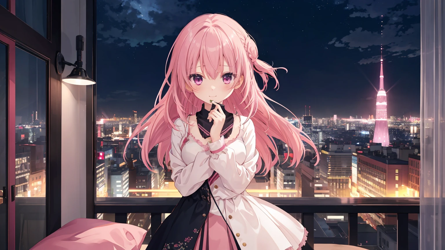 a girl,solo,The city at night,is shy,Be red in the face,civvies,170cm height,45CM bust,gentleness,ssmile,In the bedroom,night city background,Mitsukasa Ayase,pink hair,long hair,No hair accessories,7 figures