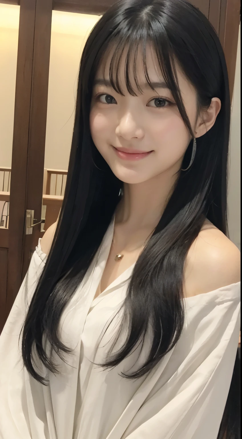8K、top-quality、masterpiece、realisitic、The ultra-detailliert、Photo Real、hyper realstic、Smooth lighting、Improved lighting quality in movies、Realistic lighting、back lighting、brightened light、enhanced quality、Top quality real texture skins、
Write、thin、cute face、a smile、beautiful finely detailed eyes、Japan 19-year-old、Quite、electric black long hair