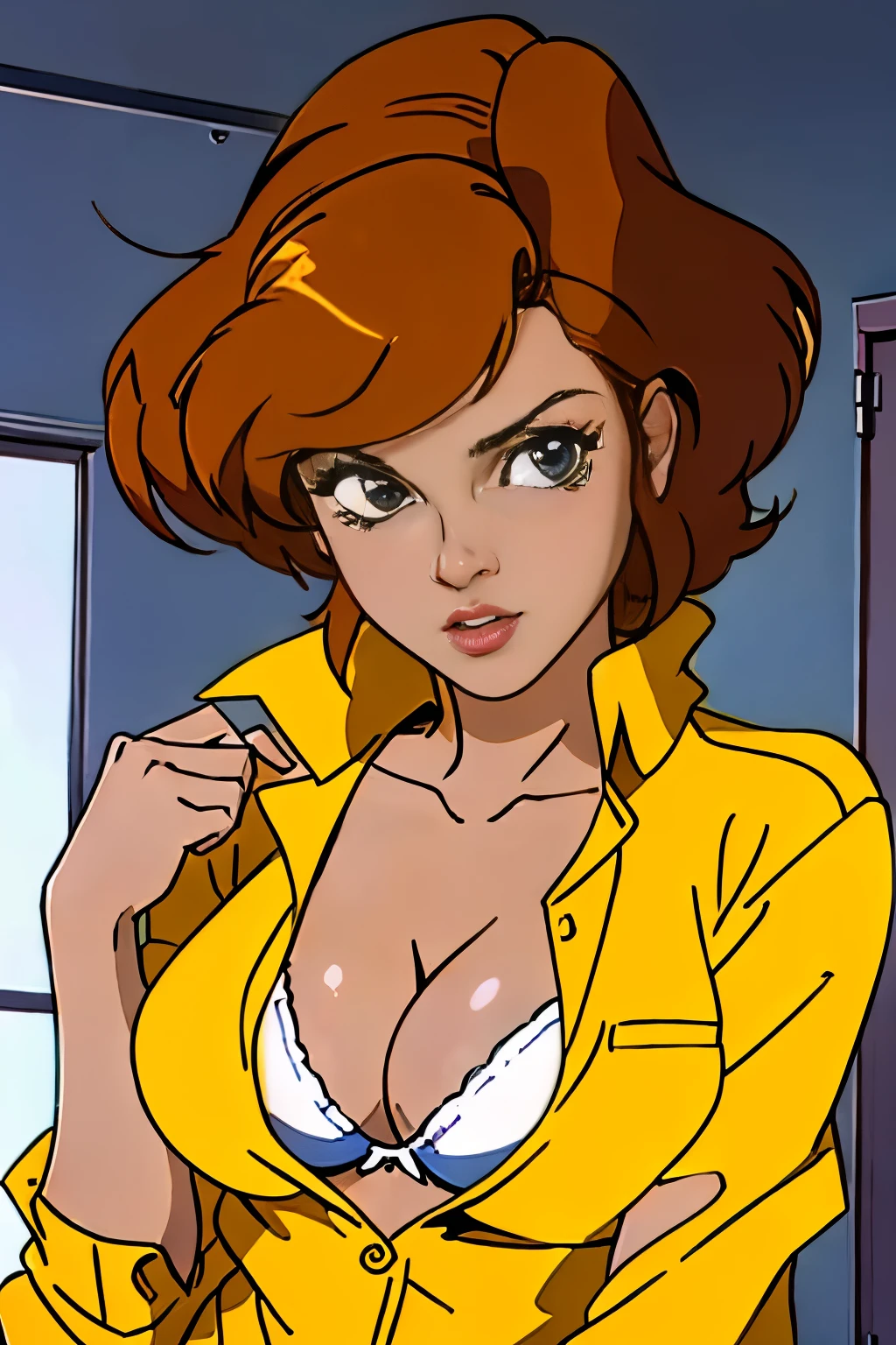 cowboy shot, april o'neil, 1980s \(style\), 1girl, brown hair, orange hair, retro artstyle, short hair, solo, yellow jumper suit, unbutton_shirt, (white bra slip:1.2), large_breasts, cleavage, seductive eyes, ((looking at viewer)), undressing 