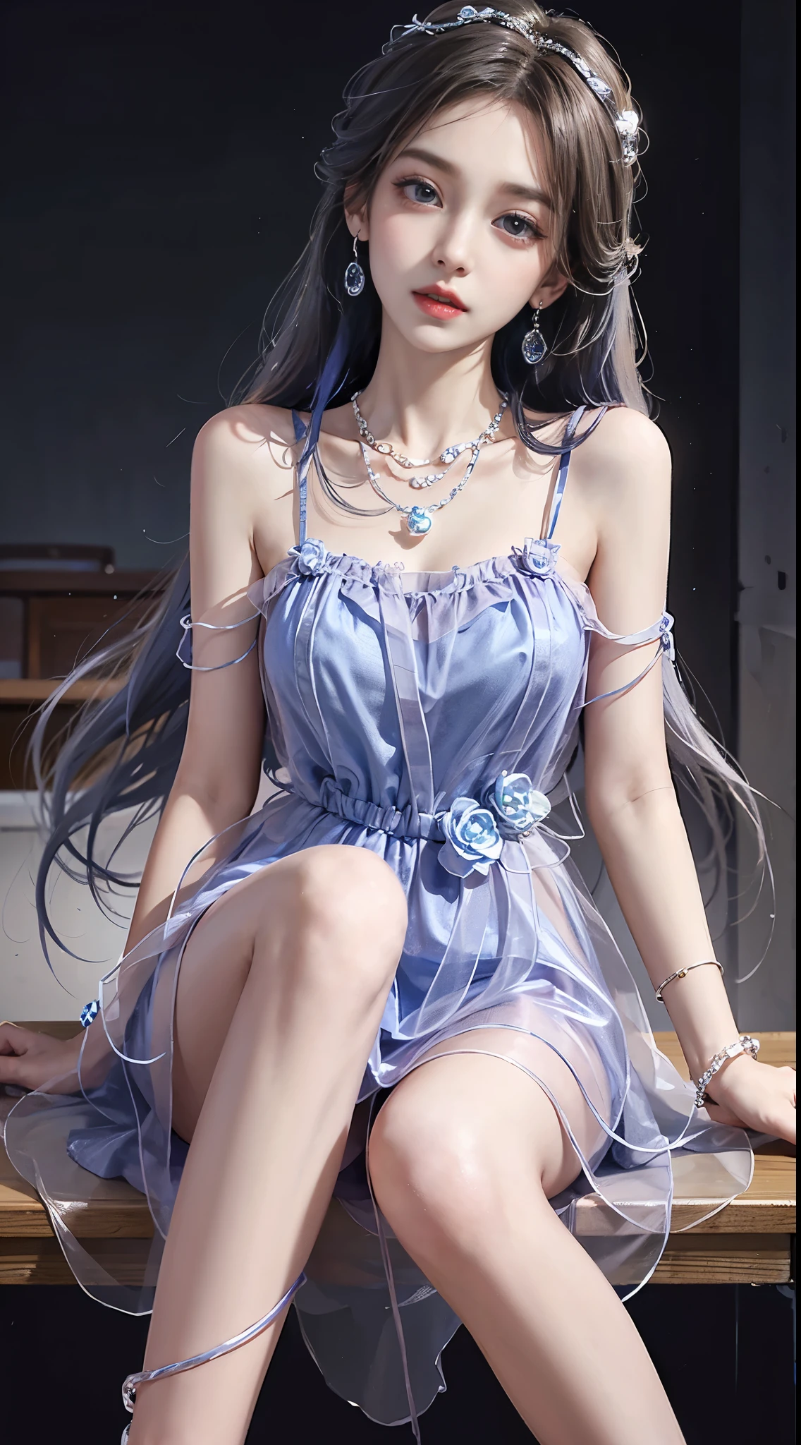 Sweet girl clothes2,pearl necklace,blue dress,flower,  ((knee shot)), Close up, In the classroom, sitting on the desk, beautiful girl college student, masterpiece, light makeup, red lips, silver hair, messy long hair, beautiful, elegant. Ultra-fine details, master works, real texture, cinematic lighting realism, perfect work, 8k, HD, exquisite facial features,  slim figure, bright big eyes, smooth skin, earrings, necklace, tattoos