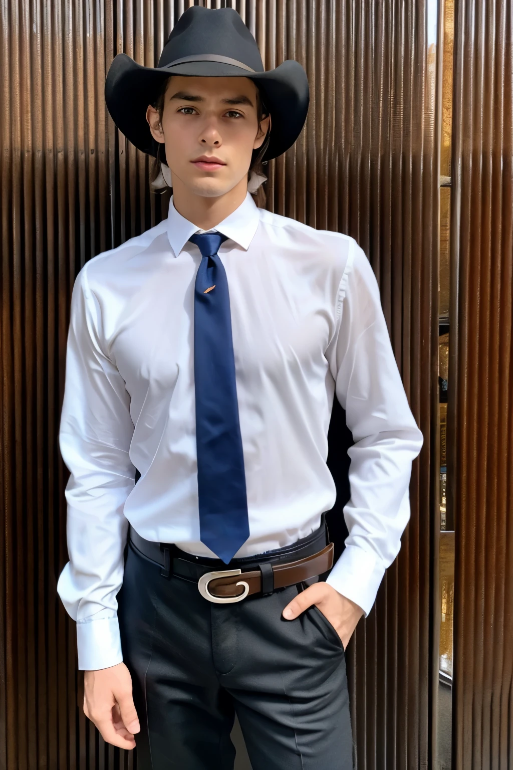 a man,young british gentleman,Handsome,personable,Looking arrogant,eyes firm,legs close together,Western black dreslack western hat,One-hand black walnut cane with silver inlay,blue tie,White shirt,Background with(silk british flag,fluttering)