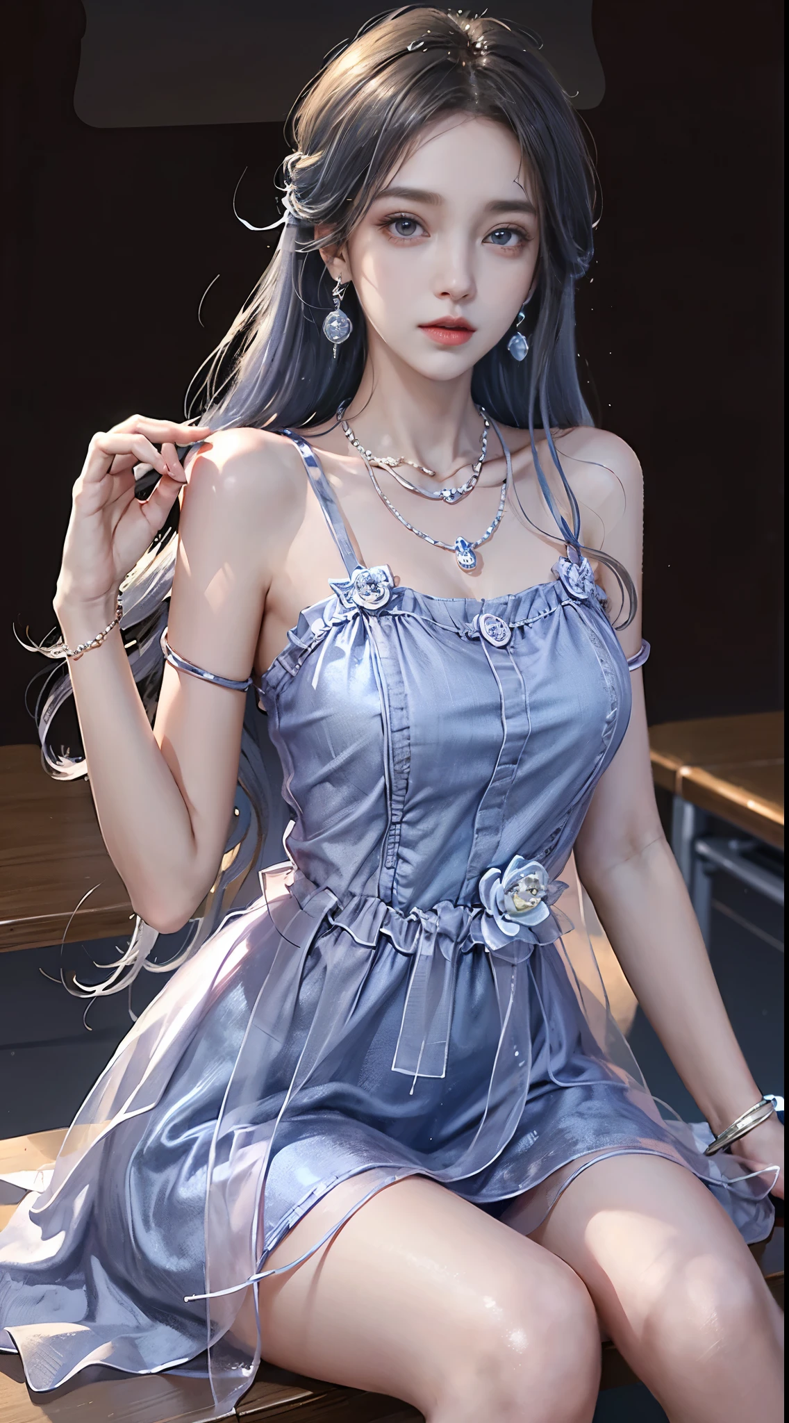 Sweet girl clothes2,pearl necklace,blue dress,flower, ((knee shot)), Close up, In the classroom, sitting on the desk, beautiful girl college student, masterpiece, light makeup, red lips, silver hair, messy long hair, beautiful, elegant. Ultra-fine details, master works, real texture, cinematic lighting realism, perfect work, 8k, HD, exquisite facial features, slim figure, bright big eyes, smooth skin, earrings, necklace, tattoos