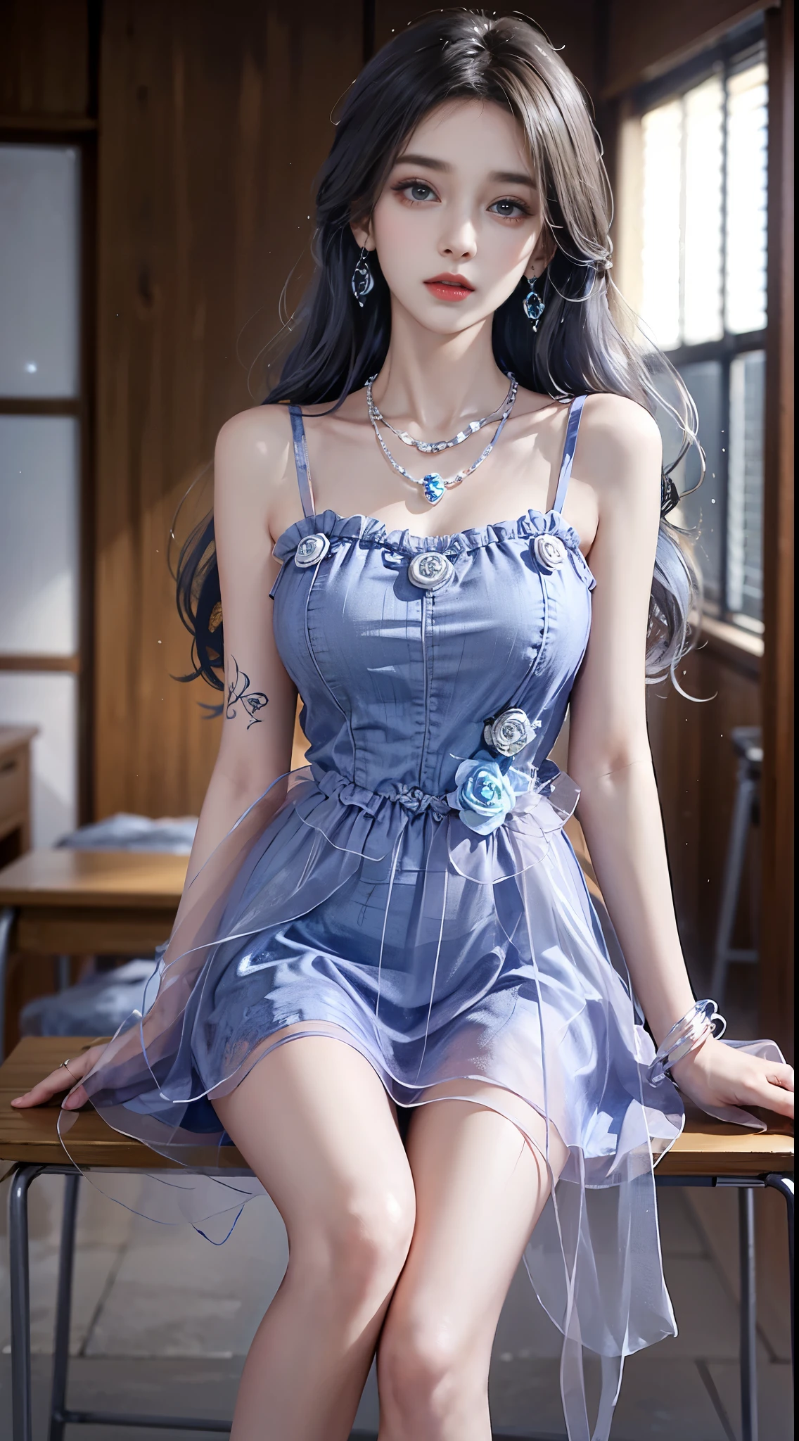 Sweet girl clothes2,pearl necklace,blue dress,flower, ((knee shot)), Close up, In the classroom, sitting on the desk, beautiful girl college student, masterpiece, light makeup, red lips, silver hair, messy long hair, beautiful, elegant. Ultra-fine details, master works, real texture, cinematic lighting realism, perfect work, 8k, HD, exquisite facial features, slim figure, bright big eyes, smooth skin, earrings, necklace, tattoos