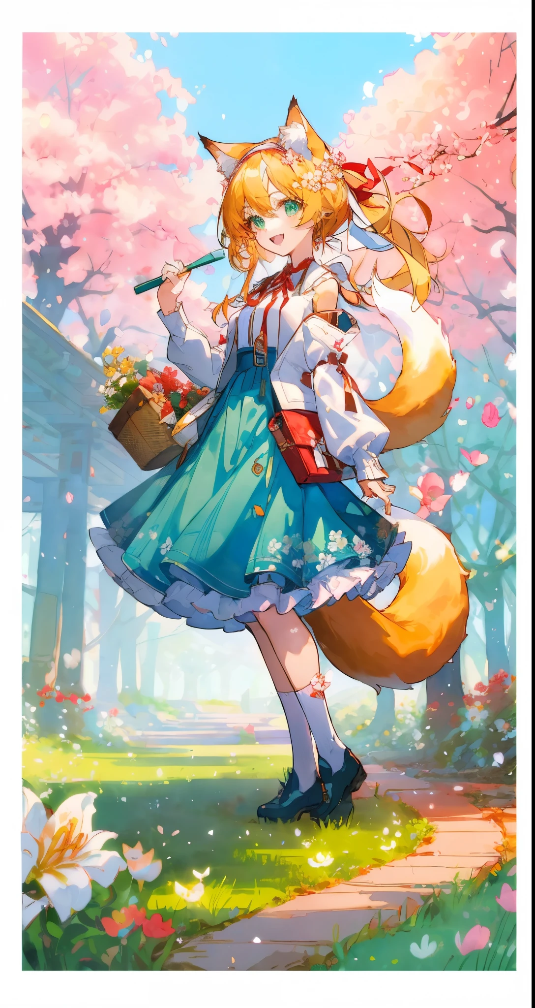 ((tmasterpiece)), (((Best quality at best))),((beautiful DeTaileD eyes)),(A art Deco poster with stylizeD shapes luxury anD sophistiCation:1.2),(Spring green floral watercolor featuring DeliCate brushstrokes anD bloom:1.3),
1 girl, lily of the valley (Ark Night), Tail, animal ears, fox Tail, fox狸耳朵, basket, green eyes, blonDe hair, fox狸女孩, hairbanD, luoxiaohei, blue hairbanD, long hair, frilleD hairbanD, flower, decorate, Tree stump, Cat, Tree, shoe, looking at the audience, holDing basket, white flower, long sleeves, fox, ribbons, shirt, black Cat, 棕色shoe类, official alternate costume, neck ribbons, Grass, on heaD, a skirt, white shirt, alone, outDoors, reD ribbons, holDing, Copyright name, multiple Tails, blue a skirt, jacket, White hair, open clothes, white jacket, forest, sock, nature, multicoloreD hair, Bag, ssmile, with her mouth open, puffy sleeves, puffy long sleeves, open jacket, white sock, pink flower, blue Dress, shoulDer Bag, Dress, animal ear fluff, reD flower, Bangs, full boDy, Day, stanDing, high-waist a skirt, :D, animal, Company Name
 