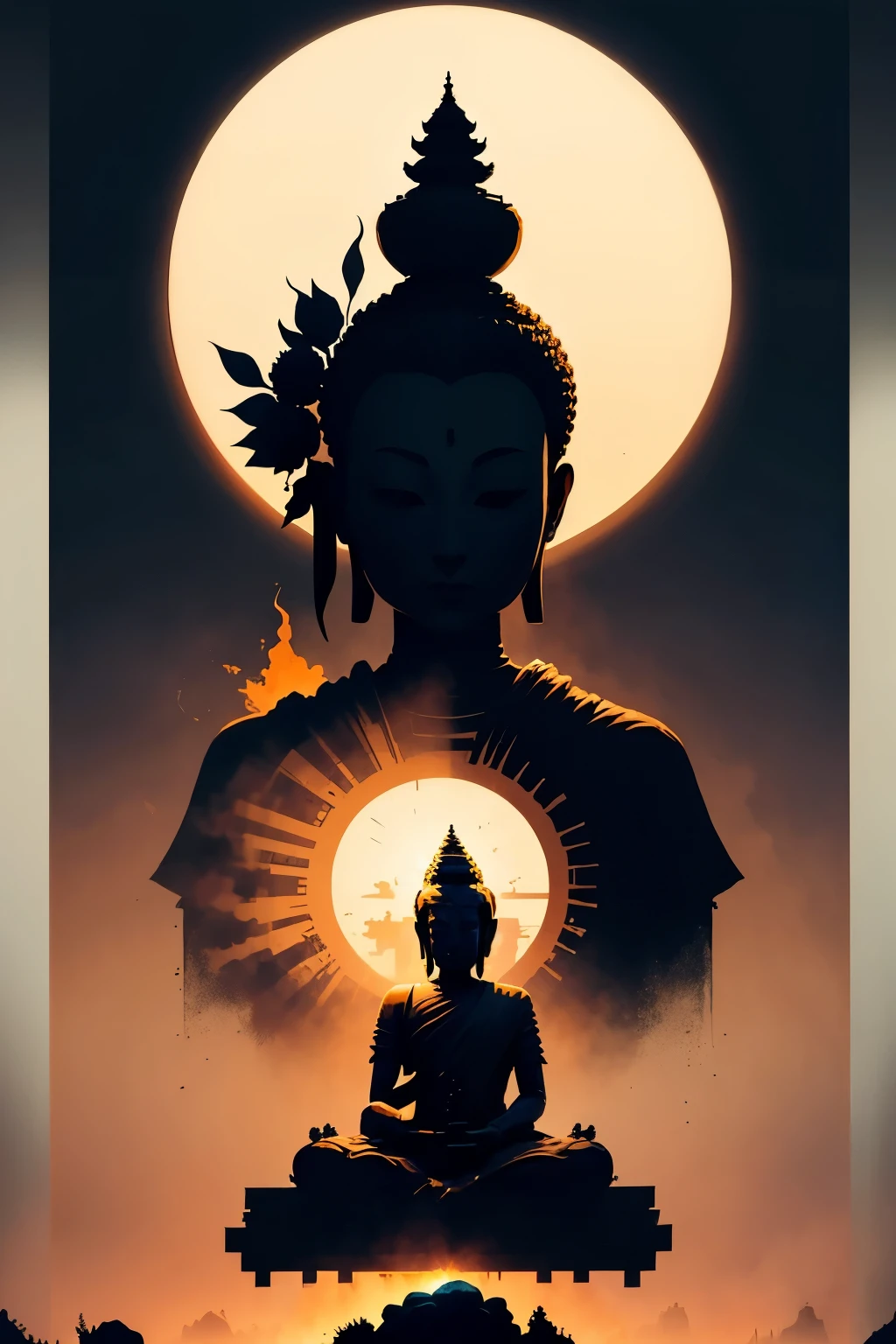 （（（sunrise，BUDDHA STATUE）））。silhouette，silhouette，contour， silhouette艺术。artistic creativity1.37。