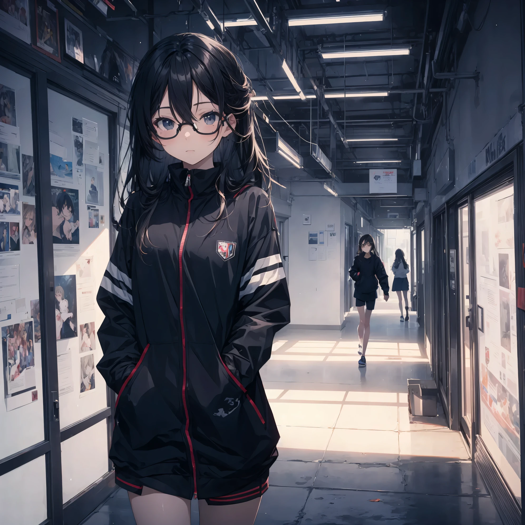 Super high quality by the art god, Ultra-detailed, high resolution, Gwise Style, anime moe art style, Best Anime 8K Konachan Wallpapers, Pixiv Contest Winner,  Perfect female figure, break,(Please draw a picture of a girl walking alone in the school building..),break, surreal high school girl, (solo,Loli,child,13 years old:1.3),complete limbs, full finger,a junior high school student, ((Wearing glasses)), forehead with unkempt hair, flat and soft chest, small beautiful butt, groin, Small eyes,Beautiful detailed black eyes, Well-proportioned iris and pupils, High resolution detailed hair, ((Joggers)),In the school,break,Ultra-detailed細なスキン,Best lighting by famous artists, 8K,illustration.