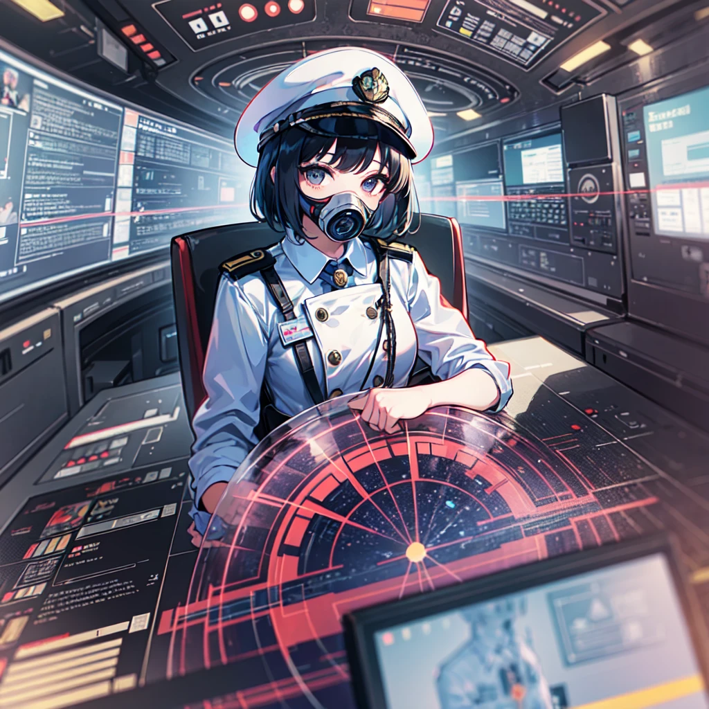 （（（​masterpiece、Highest image quality、top-quality、highly detailed unity 8ｋwall-paper）））、（Illustration of one woman）、30-years old、（Viceroy）、（（Black hair bob cut））、（（（Gas mask covering the mouth）））、（（（Gas mask covering the mouth）））、Gray eyes、（（tall））、（（huge tit））、（（Military uniforms））、（（Military Cap））、（（Military coat））、（white clothes）、（White pants）、（white hat）、trench coat、（（（Sitting in the captain's seat）））、（（（Inside a futuristic spaceship、Surrounded by instruments and monitors、The Universe on the Monitor、Earth seen from space）））