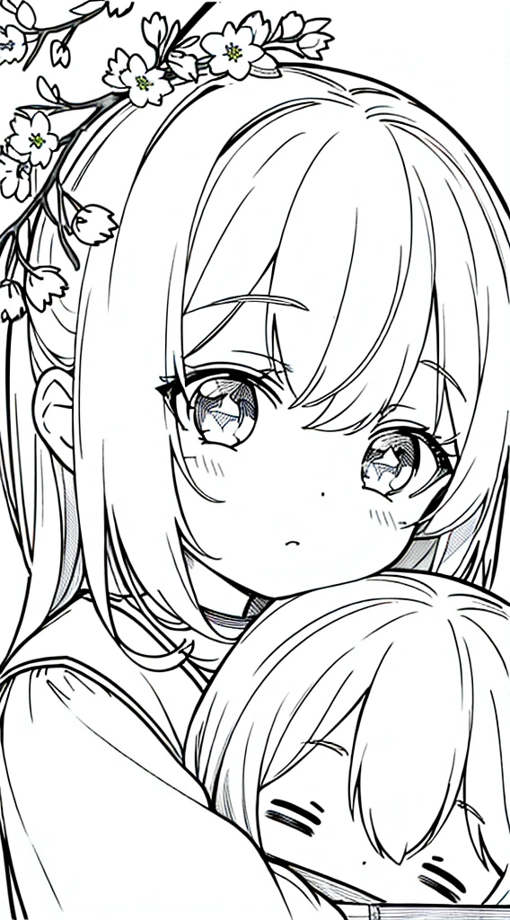 Detail face, ((Perfect detail)), Cold light, ((Data in eyes)), ((Data embellishment hair)), Line drawing, Monochrome, Line drawing cute baby, white hair, cherry blossom line drawing white background,