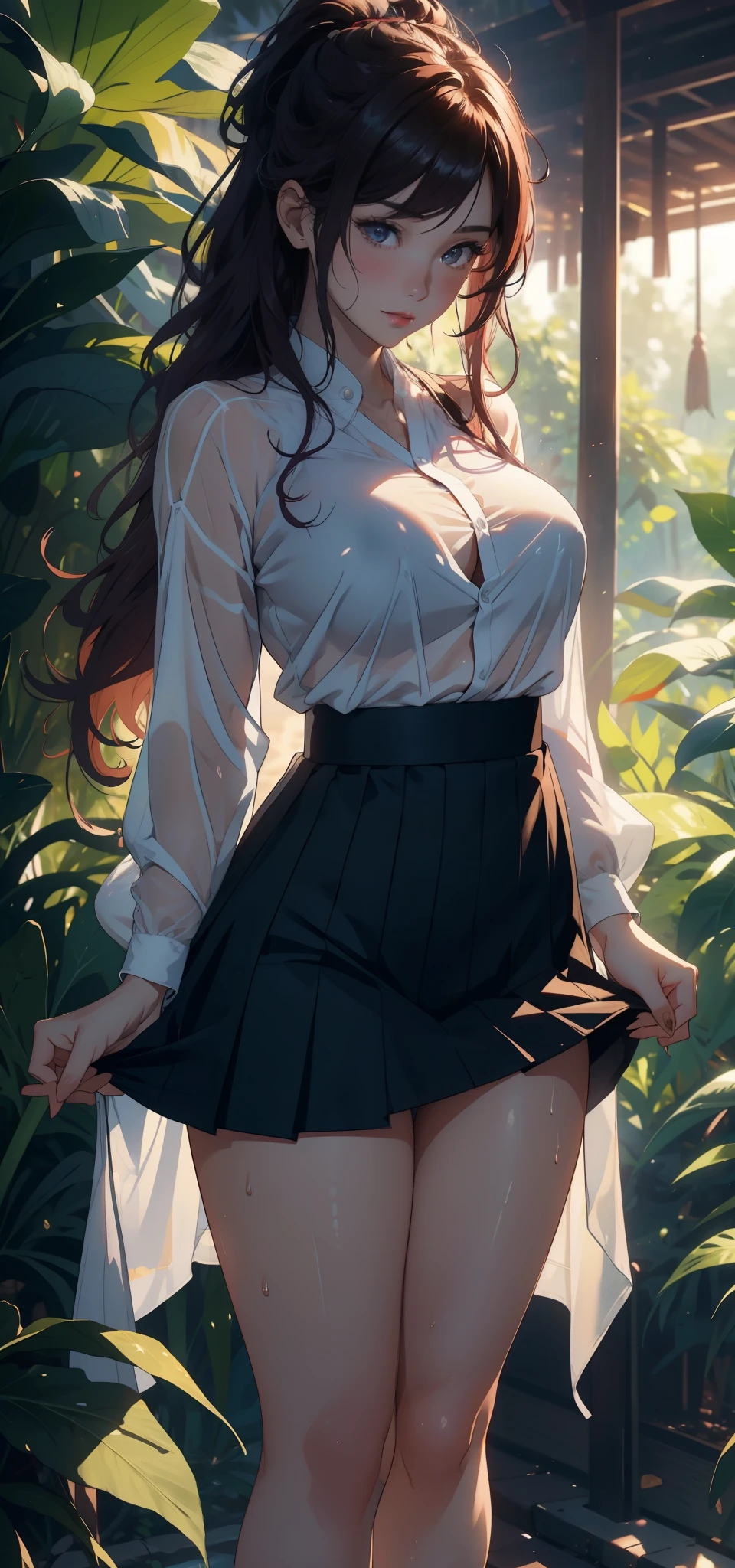 1 female,35 years old,,Large breasts,Exposure, solo,(Background with:forest,tropical rainforest,In summer) She has long purple-red hair,standing on your feet,Sweat profusely,Drenched all over the body,Seen from the front, curly, Mostly cloudy sky,(((T Masterpiece),(Very detailed CG Unity 8K wallpaper),best quality,cinmatic lighting,詳細なBackground with,Beautifully detailed right pupil,(Very fine and beautiful),(Beautiful and detailed eyes description),ultra - detailed,T Masterpiece,)),facing at camera,hight resolution,ultra - detailed),,expose one's genitals, Bulge,Camel toes,I grew up sexy,flushed complexion,mouth,間mouth,japanese samurai(Wearing:JK Skirt,White transparent shirt,Beautiful legs in black silk)