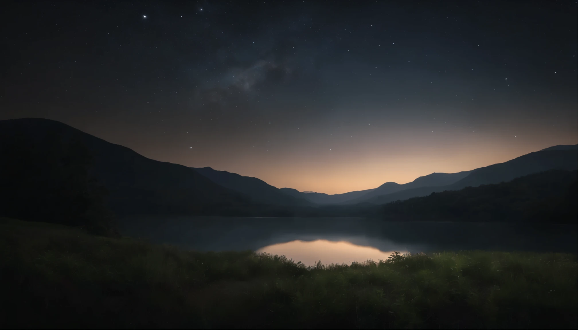 (best quality,4k,8k,highres,masterpiece:1.2),ultra-detailed,(realistic,photorealistic,photo-realistic:1.37),paysage, nuit, calm,moonlight,peaceful,serene,starlit sky,silent,serenity,tranquil,illuminated trees,reflecting in a calm lake,shadows dancing,night breeze,subtle light and shadow,hazy atmosphere,distant mountains,whispering leaves,soft moonlight,secluded pathway,gleaming stars,luminous night,colorful constellations,flickering fireflies,captivating night sky,serene ambiance,gentle waves,wonderful tranquility,faint chirping of crickets,magic of the night.